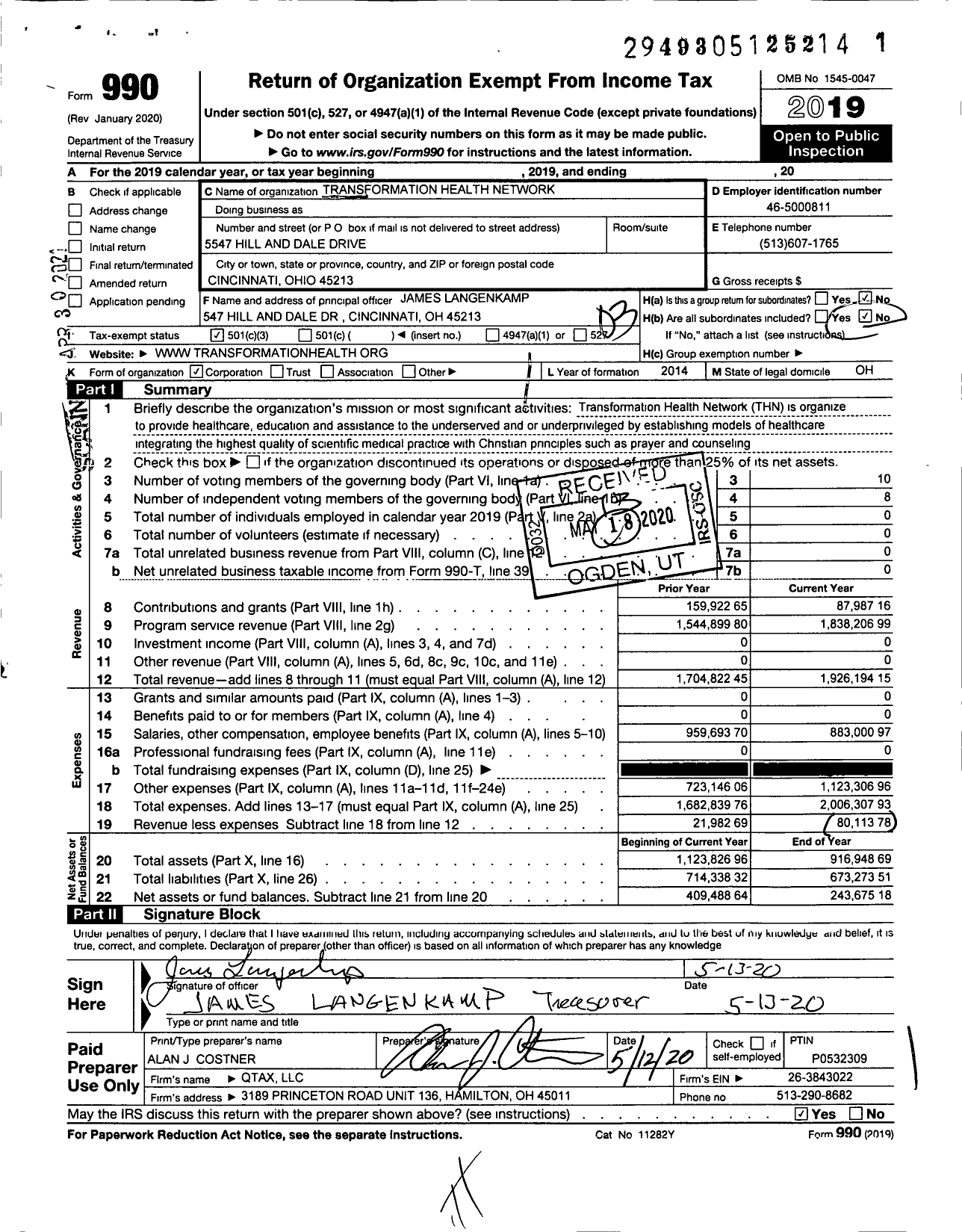 Image of first page of 2019 Form 990 for Transformation Health Network