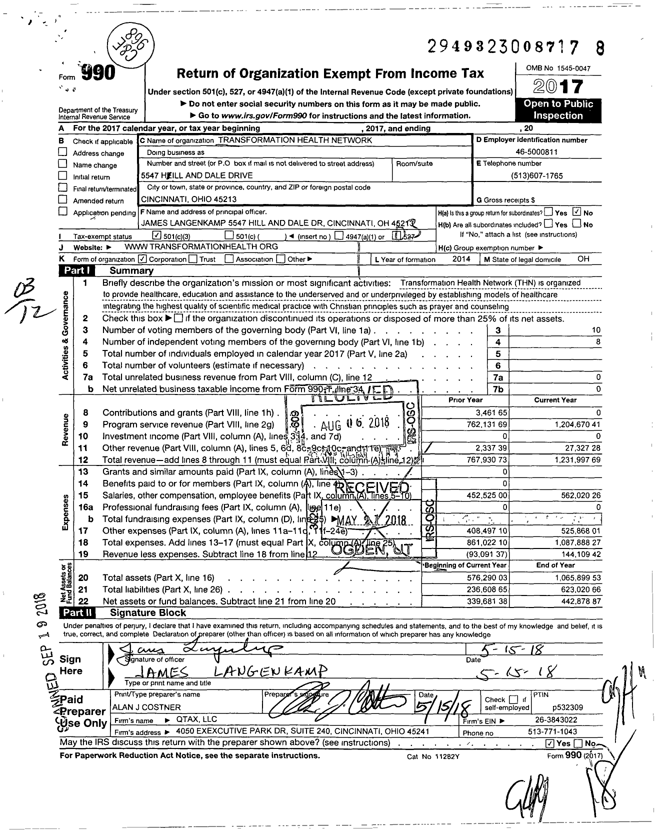 Image of first page of 2017 Form 990 for Transformation Health Network