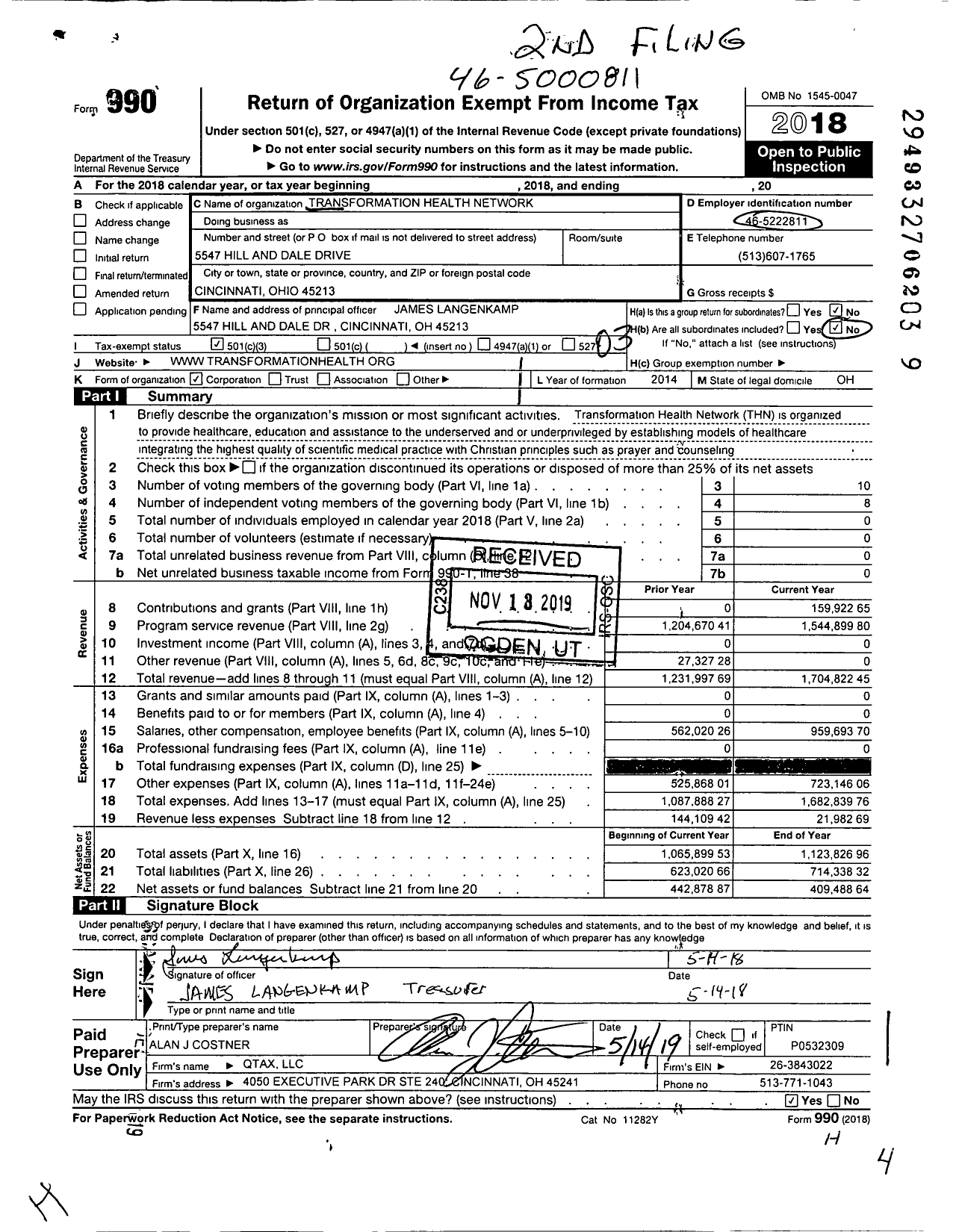 Image of first page of 2018 Form 990 for Transformation Health Network