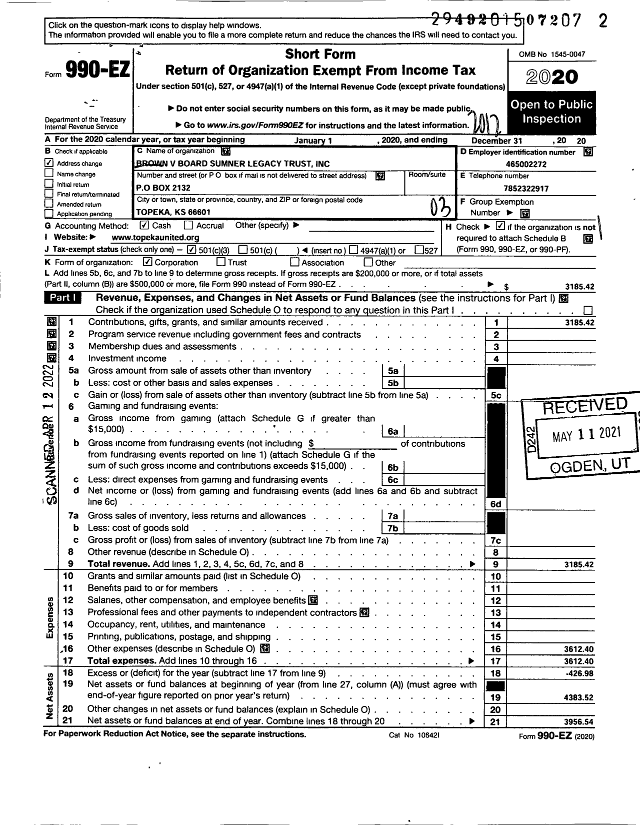 Image of first page of 2020 Form 990EZ for Brown V Board Sumner Legacy Trust