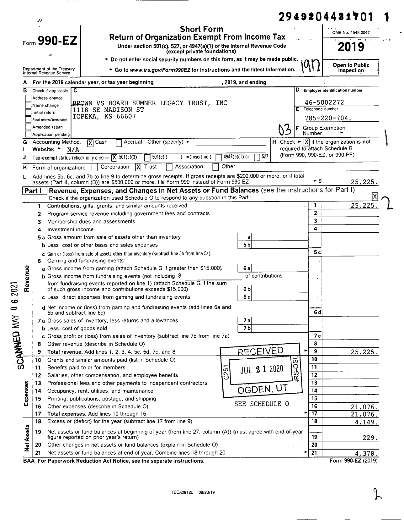 Image of first page of 2019 Form 990EZ for Brown V Board Sumner Legacy Trust