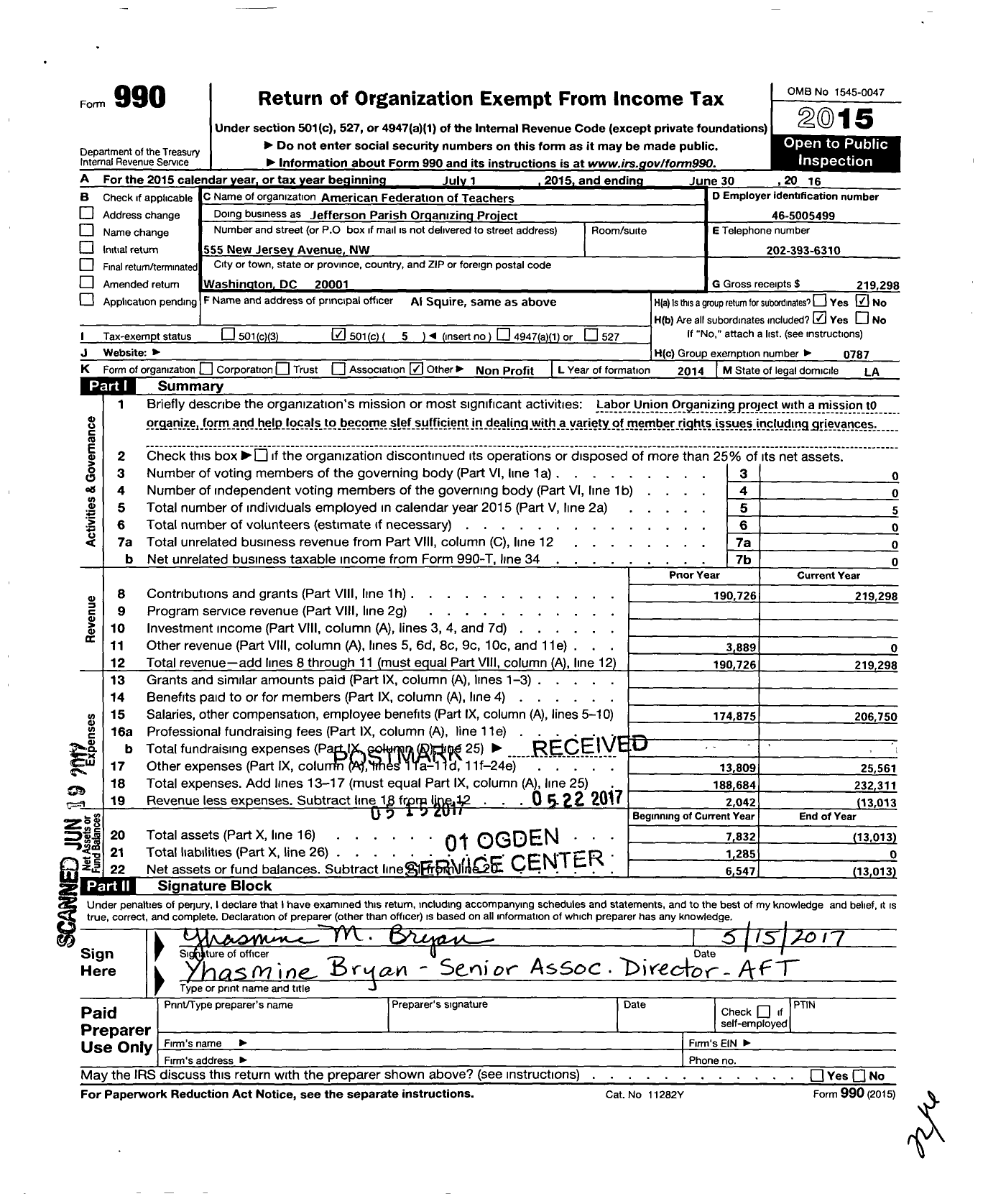 Image of first page of 2015 Form 990O for American Federation of Teachers - Jefferson Parish Lic Org Proj