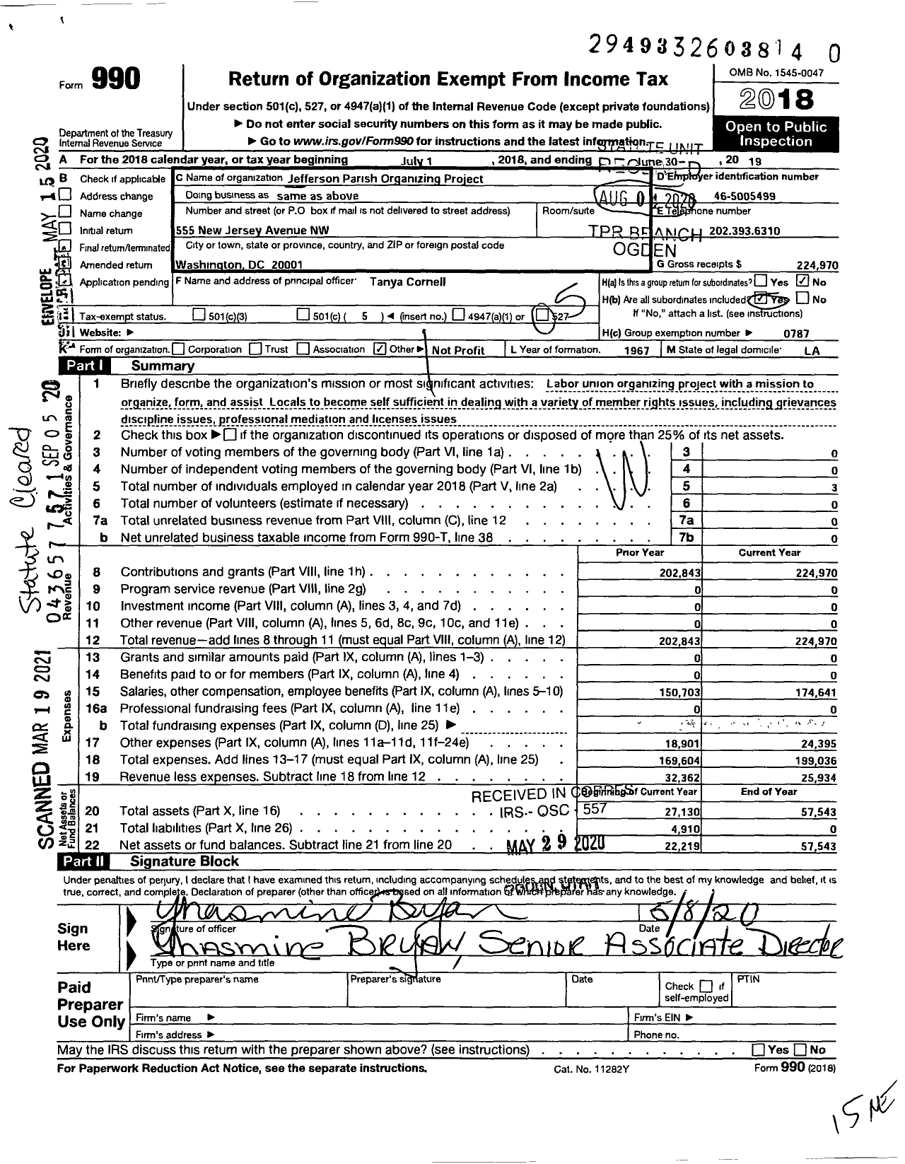 Image of first page of 2018 Form 990O for American Federation of Teachers - Jefferson Parish Lic Org Proj