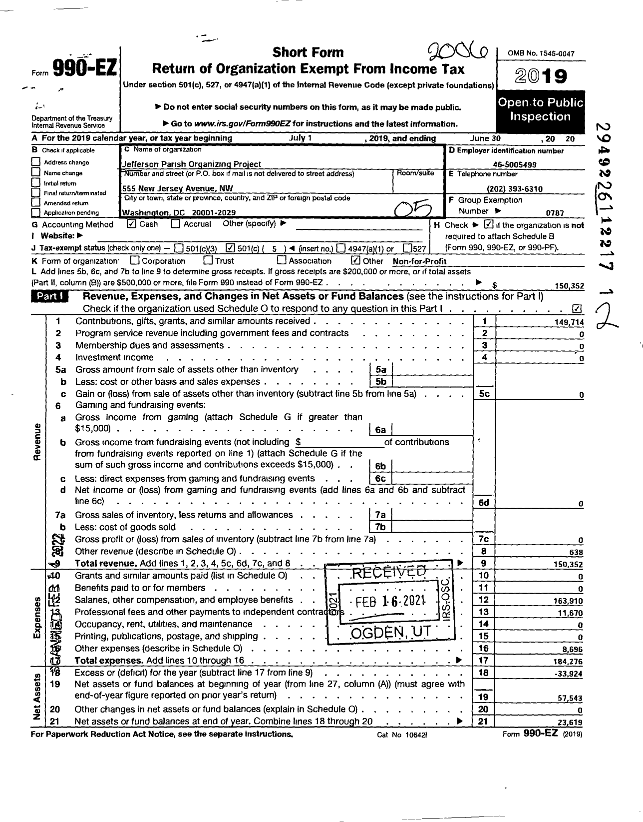 Image of first page of 2019 Form 990EO for American Federation of Teachers - Jefferson Parish Lic Org Proj