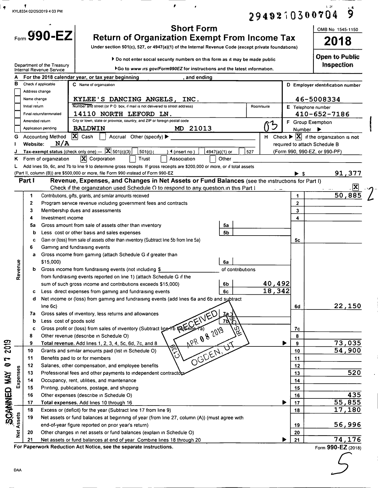 Image of first page of 2018 Form 990EZ for Kylee's Dancing Angels