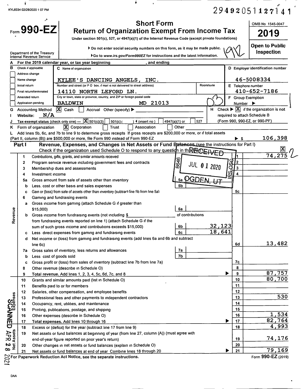 Image of first page of 2019 Form 990EZ for Kylee's Dancing Angels