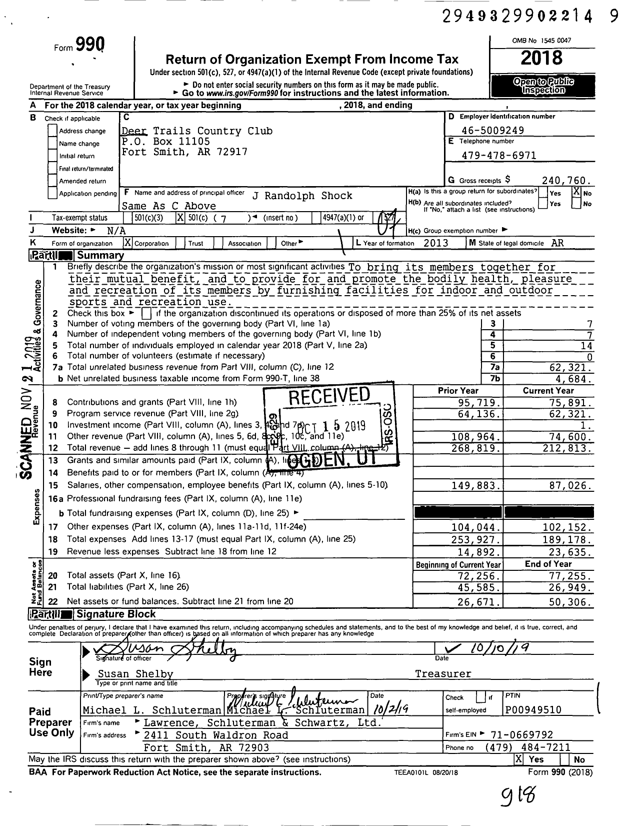 Image of first page of 2018 Form 990O for Deer Trails Country Club