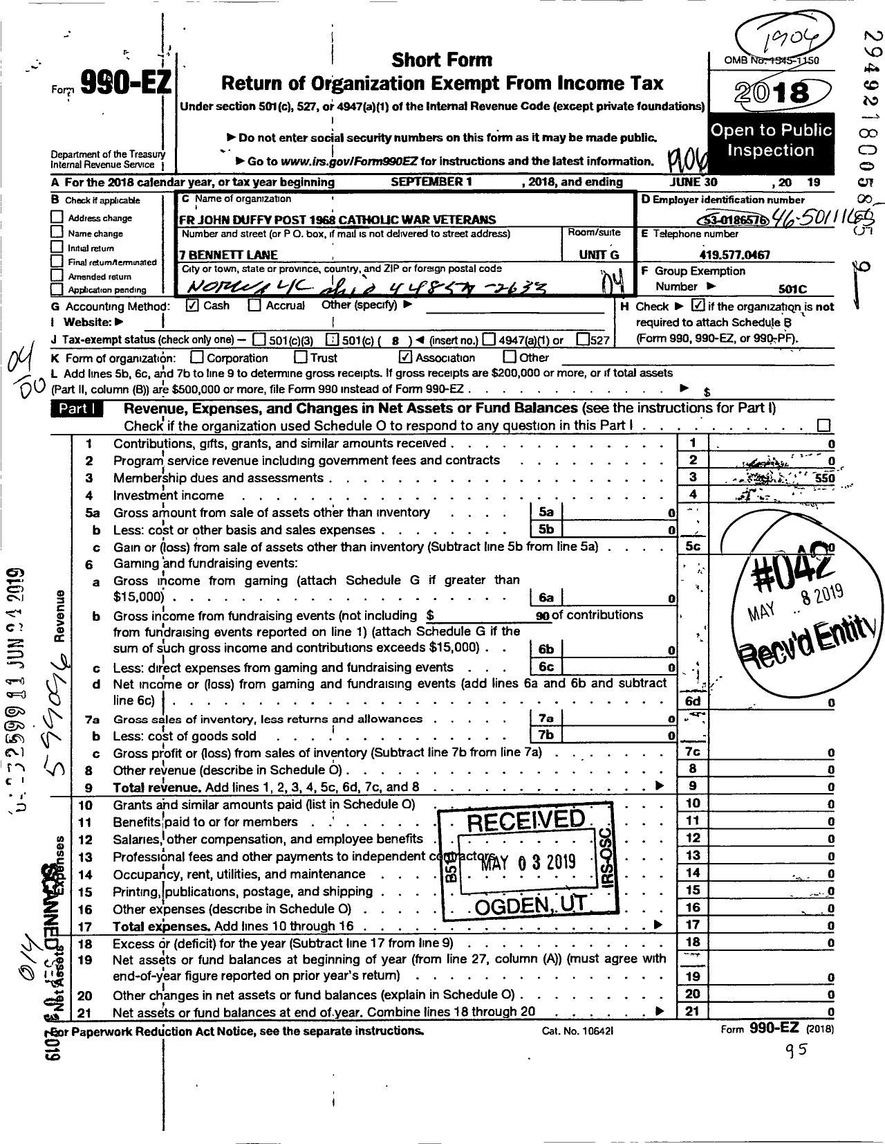 Image of first page of 2018 Form 990EO for Catholic War Veterans of the United States of America - 1968 Father John Duffy Post