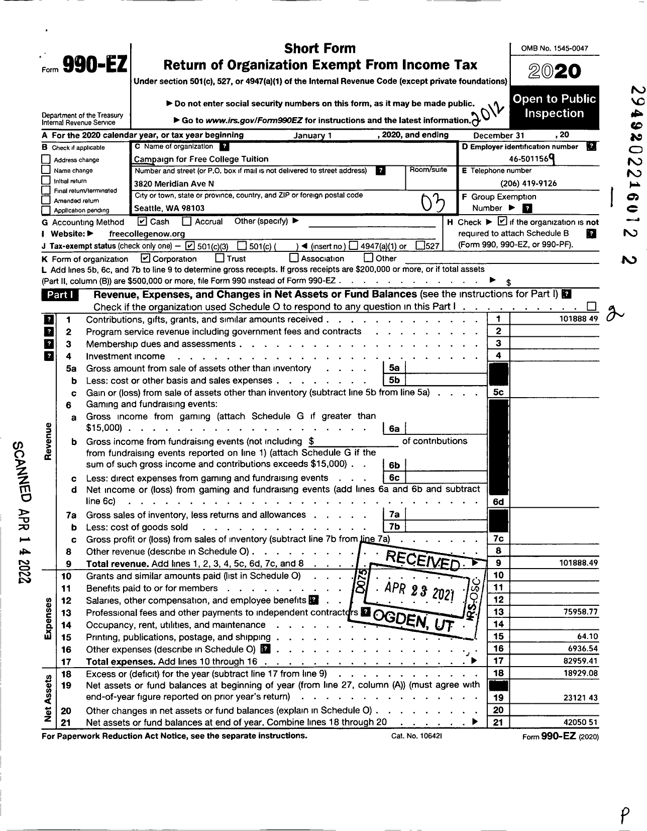 Image of first page of 2020 Form 990EZ for Campaign for Free College Tution