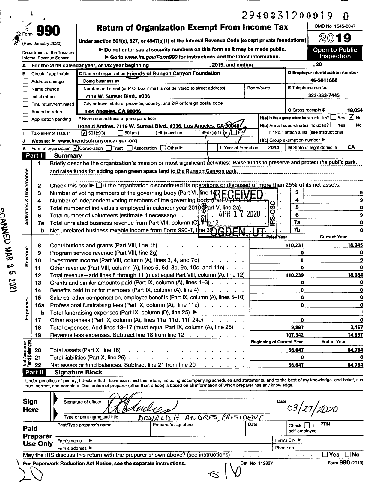 Image of first page of 2019 Form 990 for Friends of Runyon Canyon Foundation