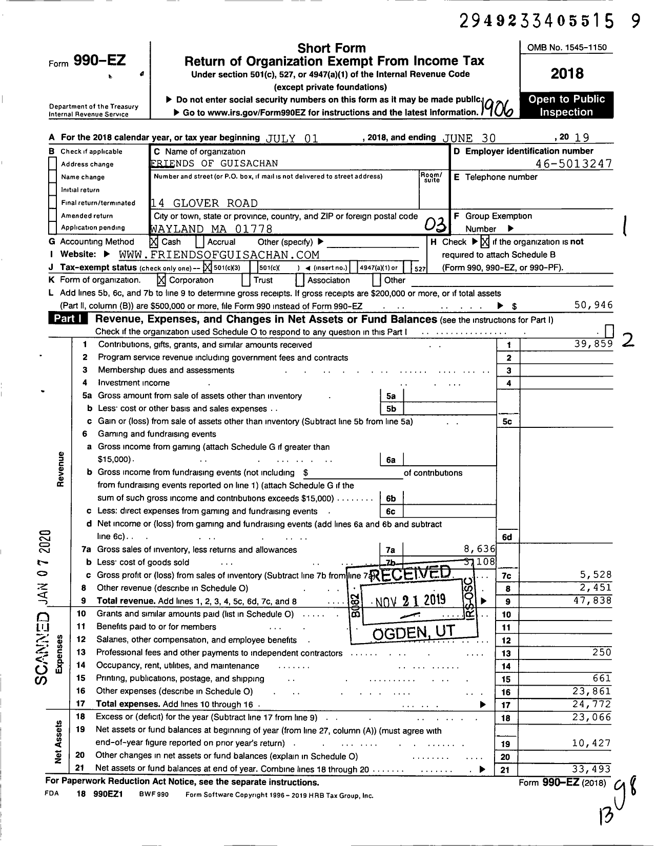 Image of first page of 2018 Form 990EZ for Friends of Guisachan