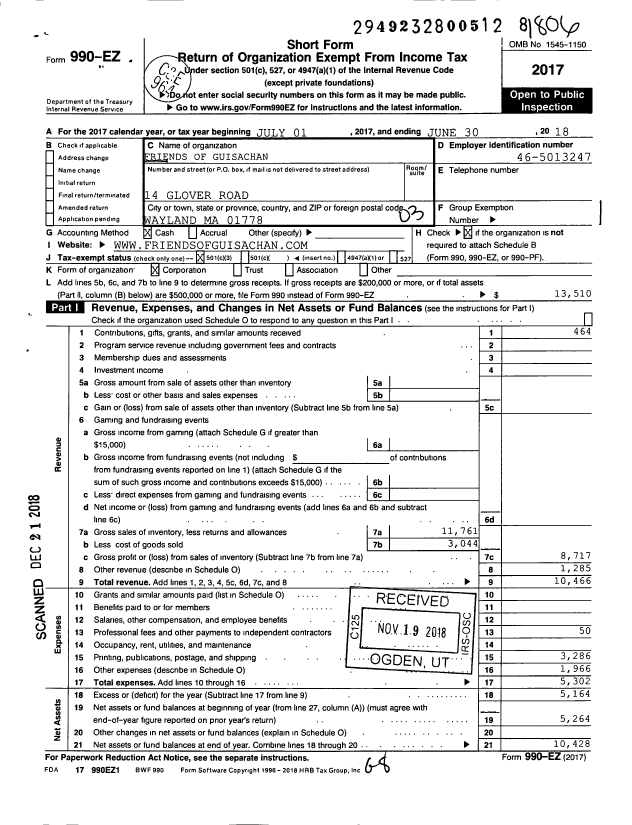 Image of first page of 2017 Form 990EZ for Friends of Guisachan