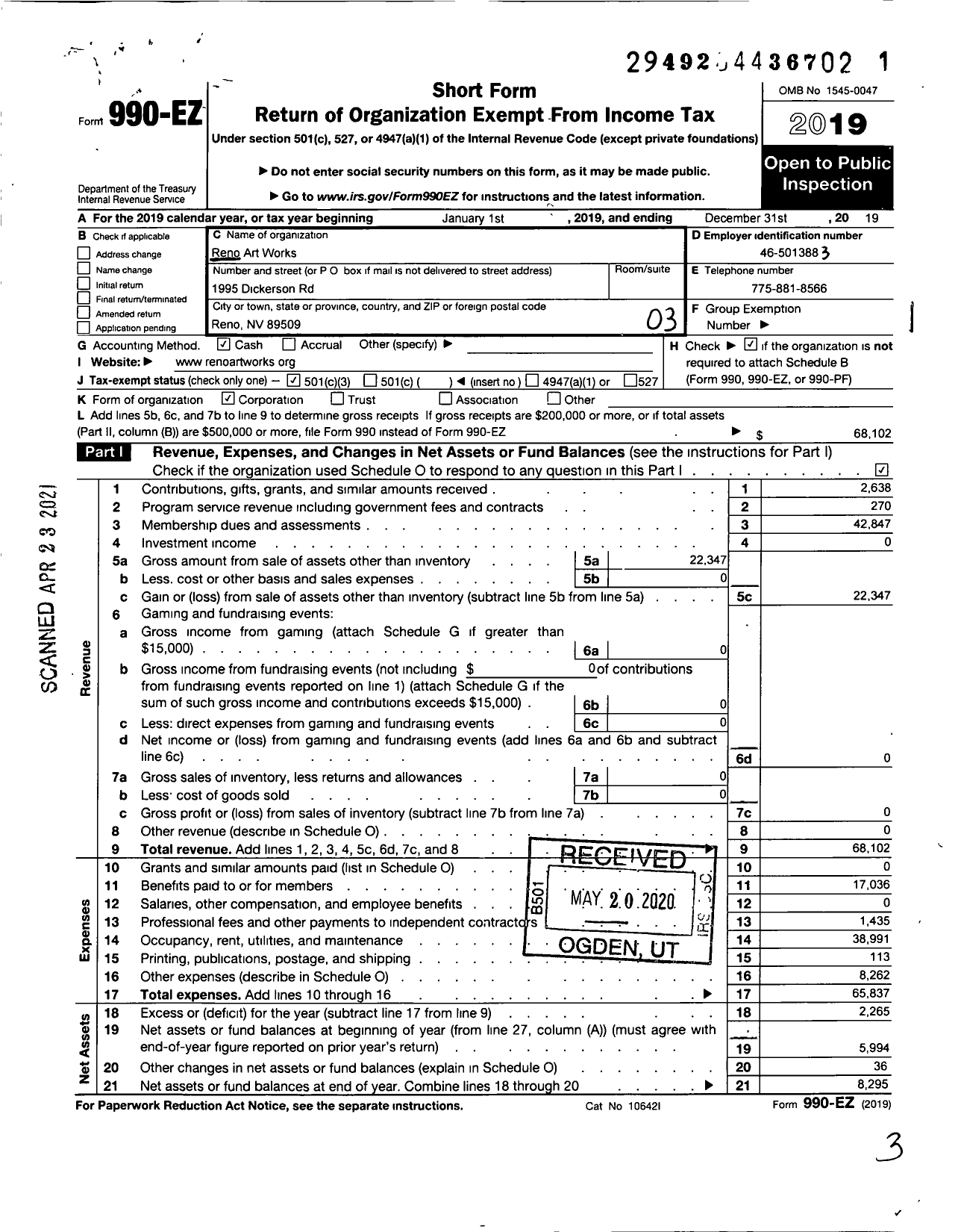 Image of first page of 2019 Form 990EZ for Reno Art Works