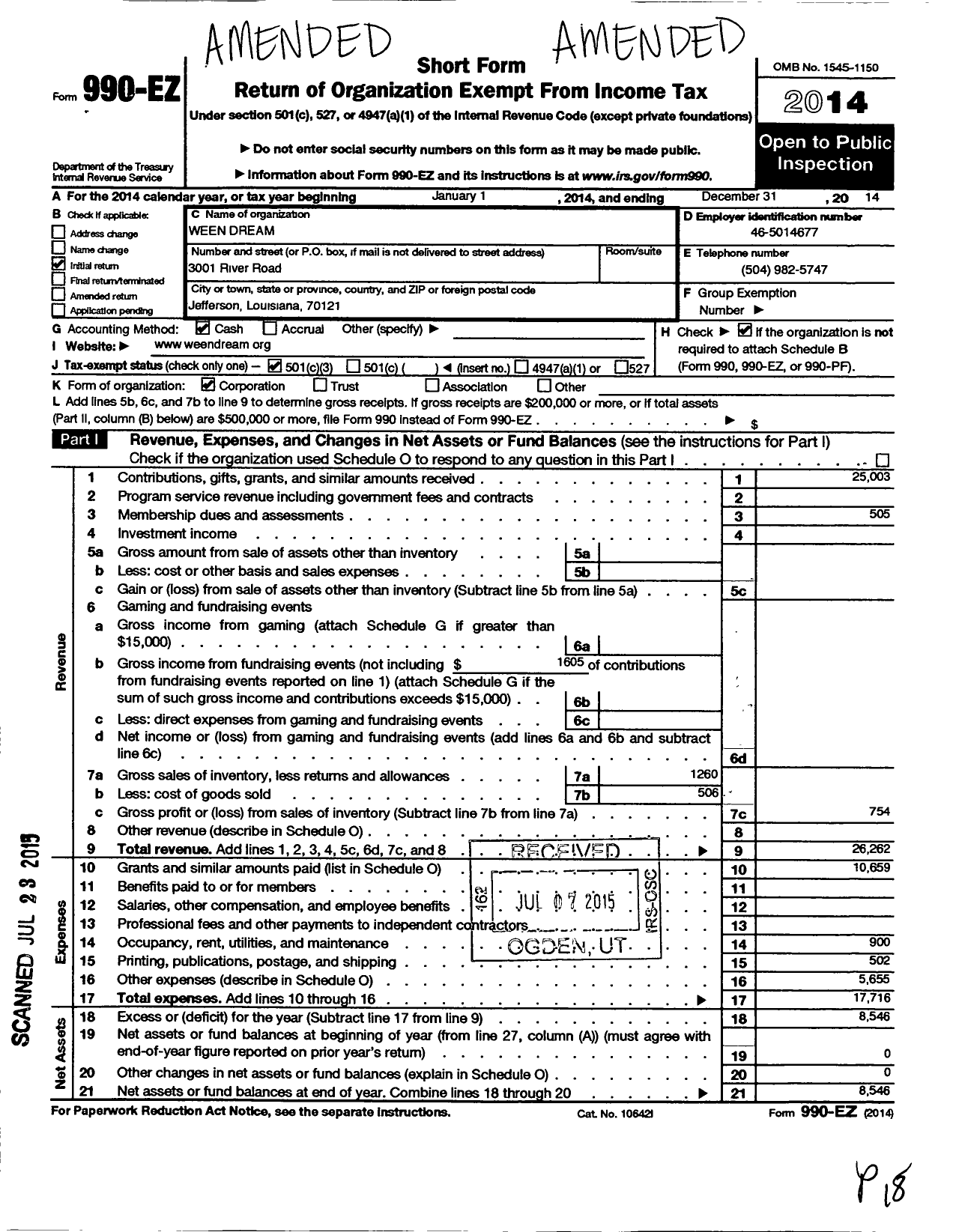 Image of first page of 2014 Form 990EZ for Ween Dream