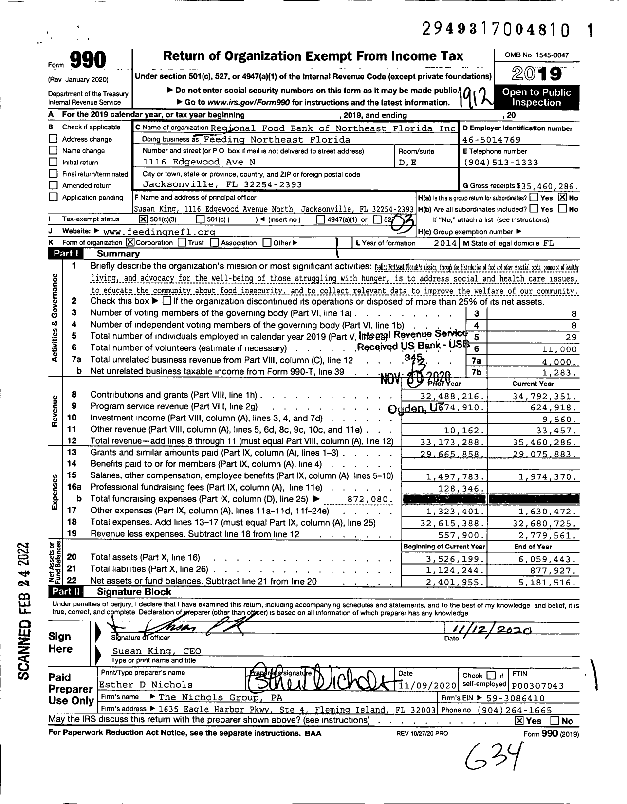 Image of first page of 2019 Form 990 for Feeding Northeast Florida (FNEFL)