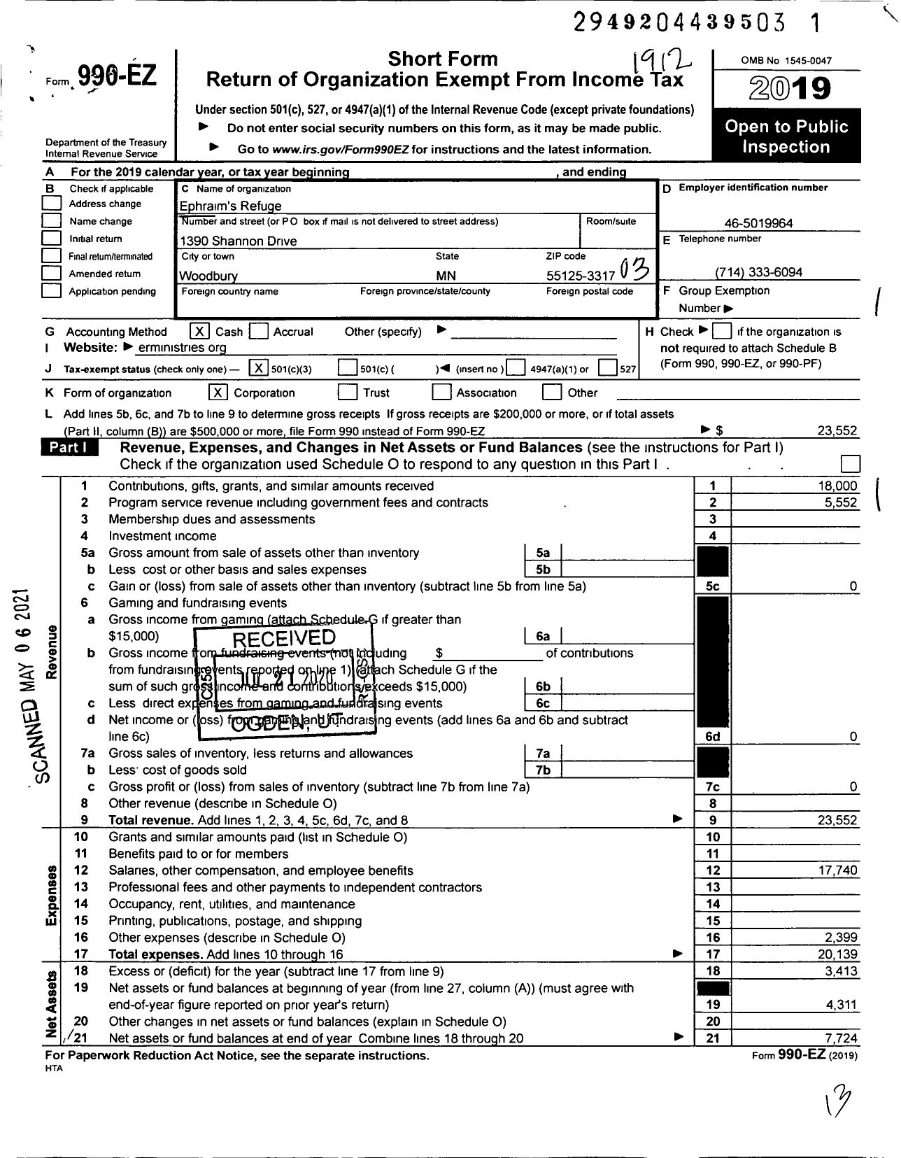 Image of first page of 2019 Form 990EZ for Ephraims Refuge