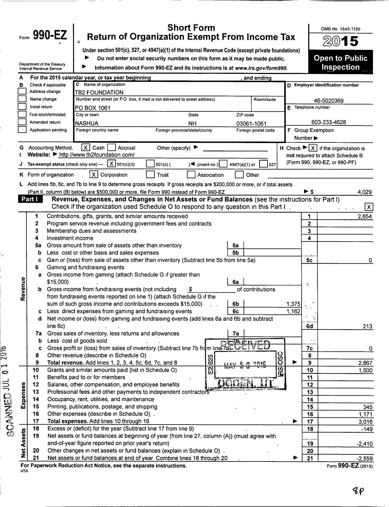Image of first page of 2015 Form 990EZ for TB2 Foundation