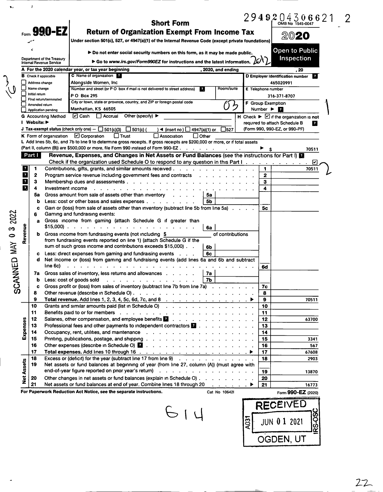 Image of first page of 2020 Form 990EZ for Alongside Women