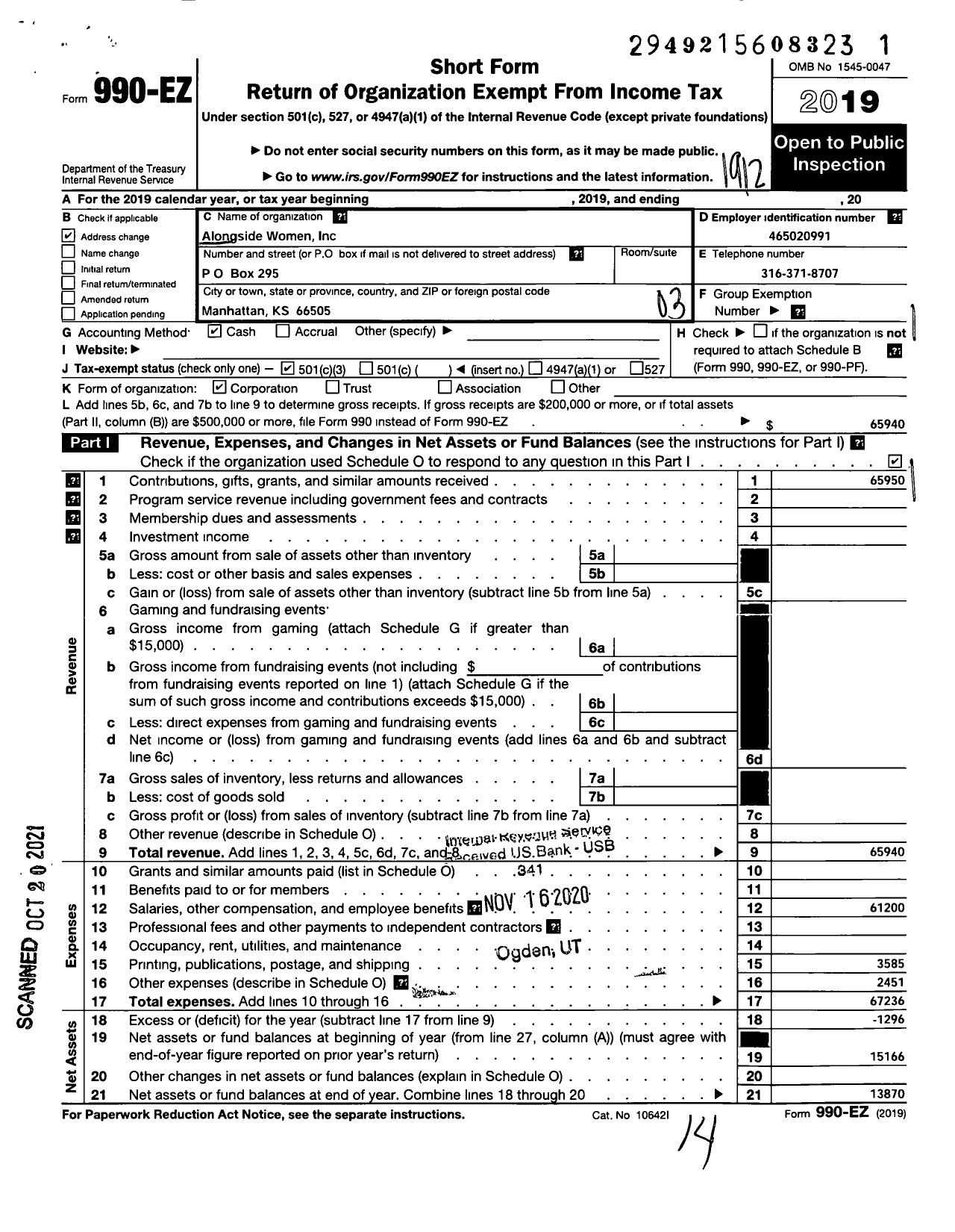 Image of first page of 2019 Form 990EZ for Alongside Women