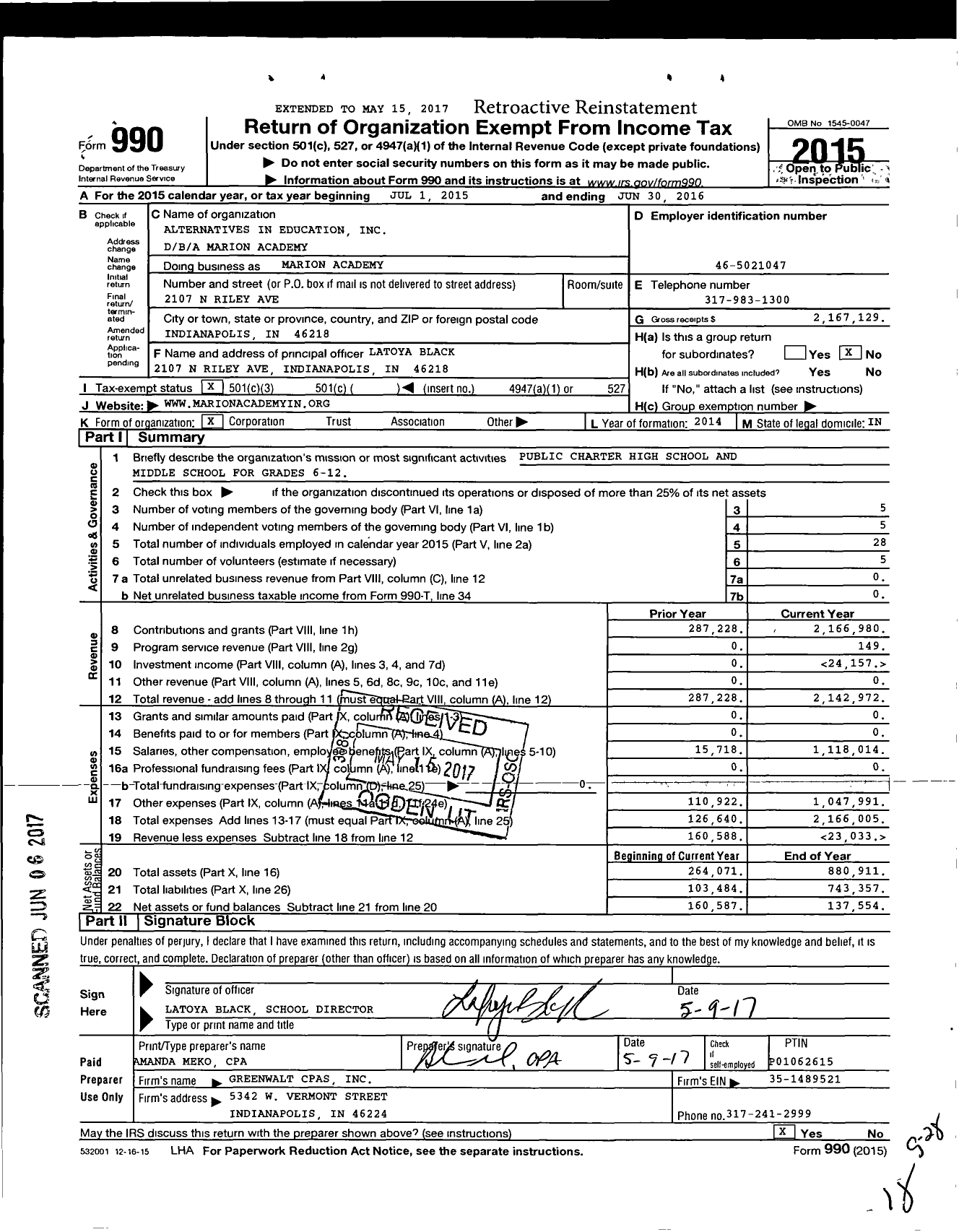 Image of first page of 2015 Form 990 for Marion academy