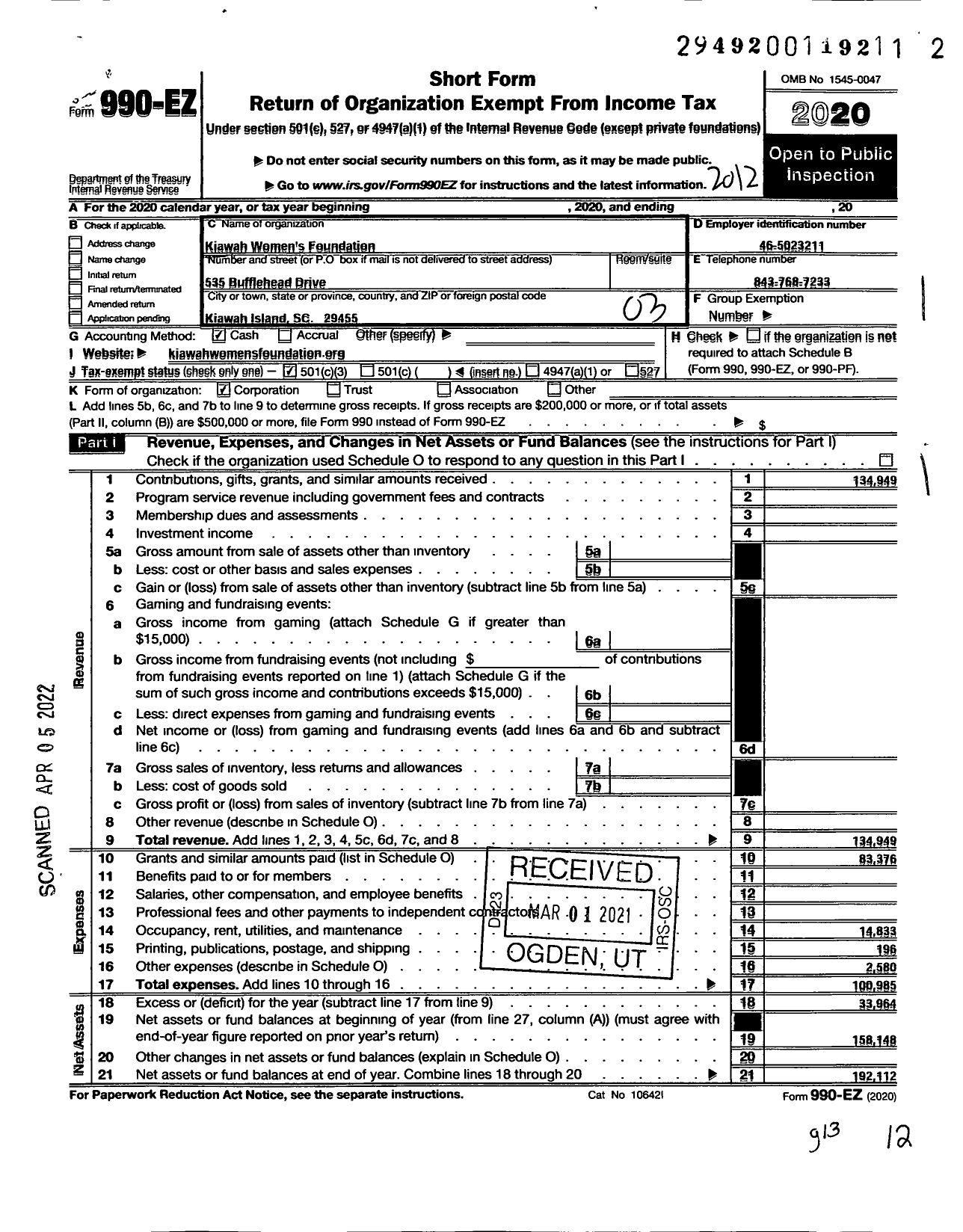 Image of first page of 2020 Form 990EZ for Kiawah Womens Foundation