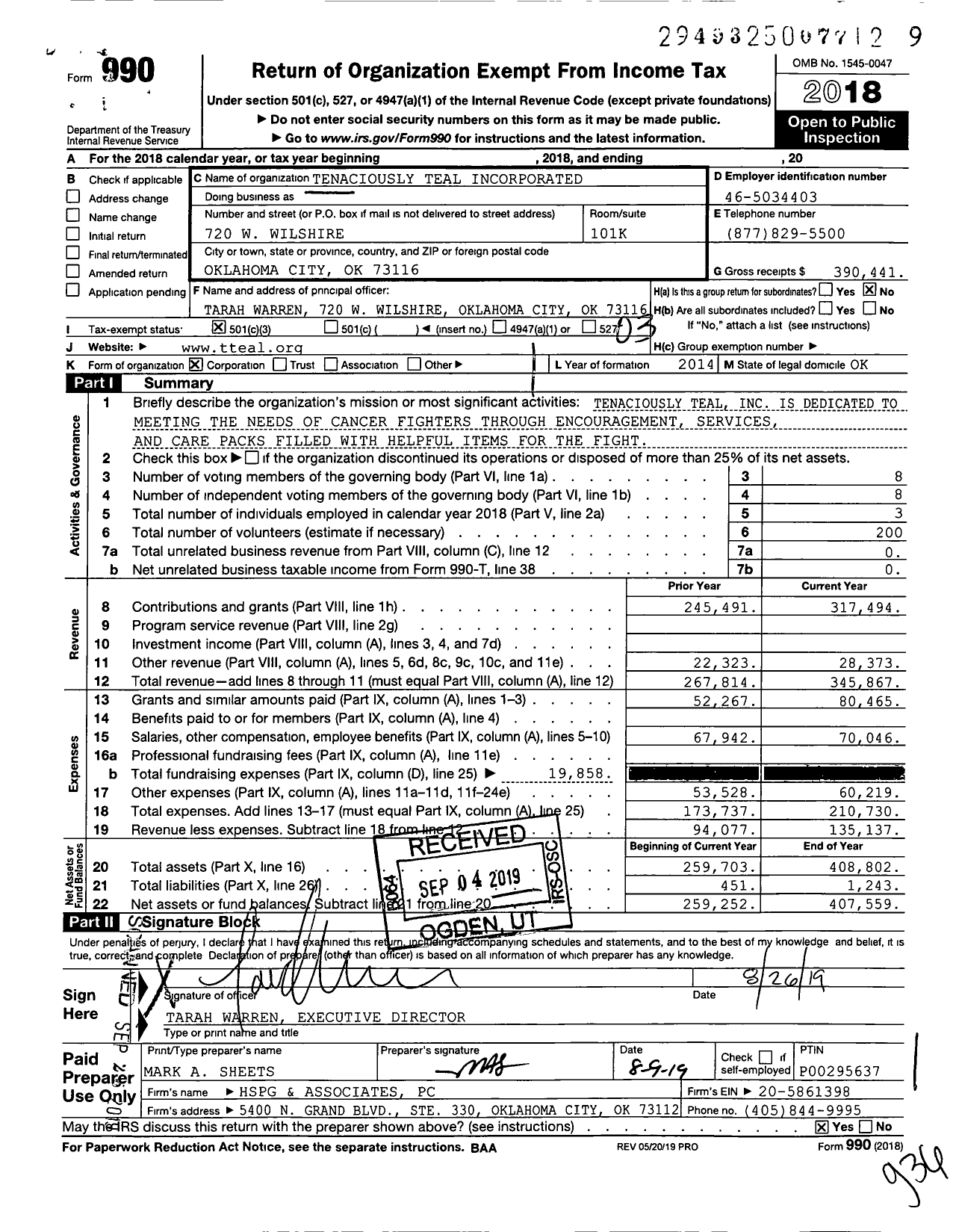 Image of first page of 2018 Form 990 for Tenaciously Teal Incorporated