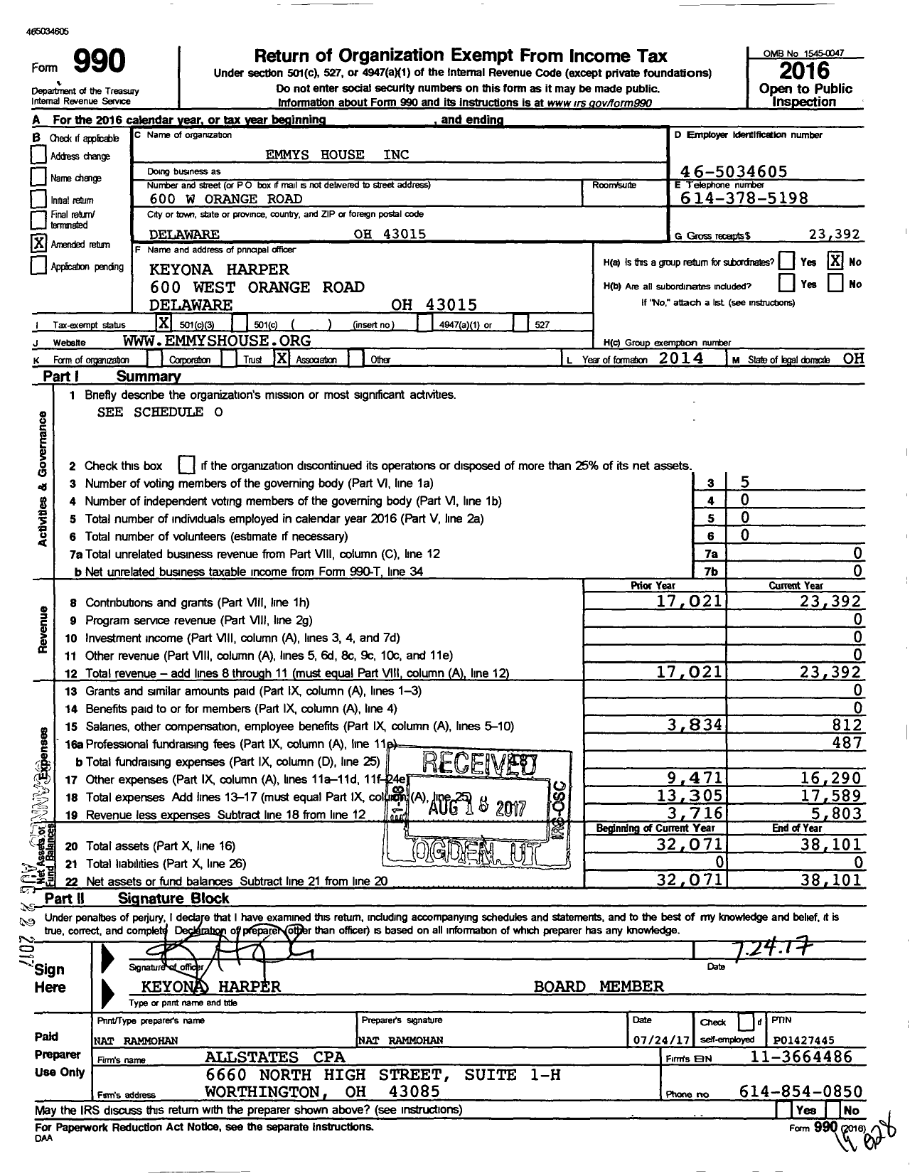 Image of first page of 2016 Form 990 for Emmys House LLC