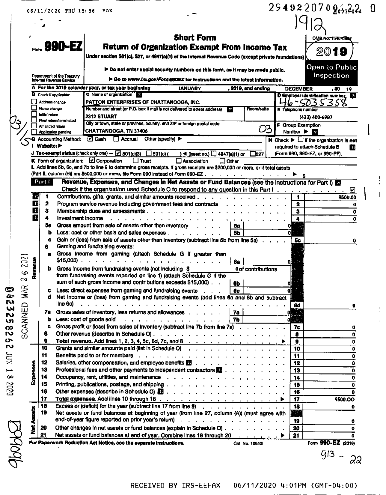 Image of first page of 2019 Form 990EZ for Patton Enterprises of Chattanooga