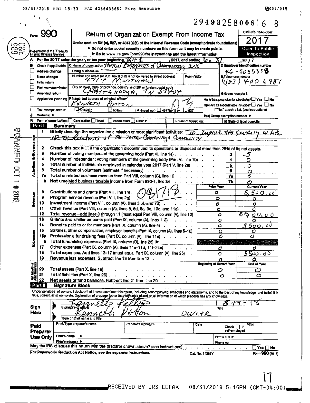 Image of first page of 2017 Form 990 for Patton Enterprises of Chattanooga