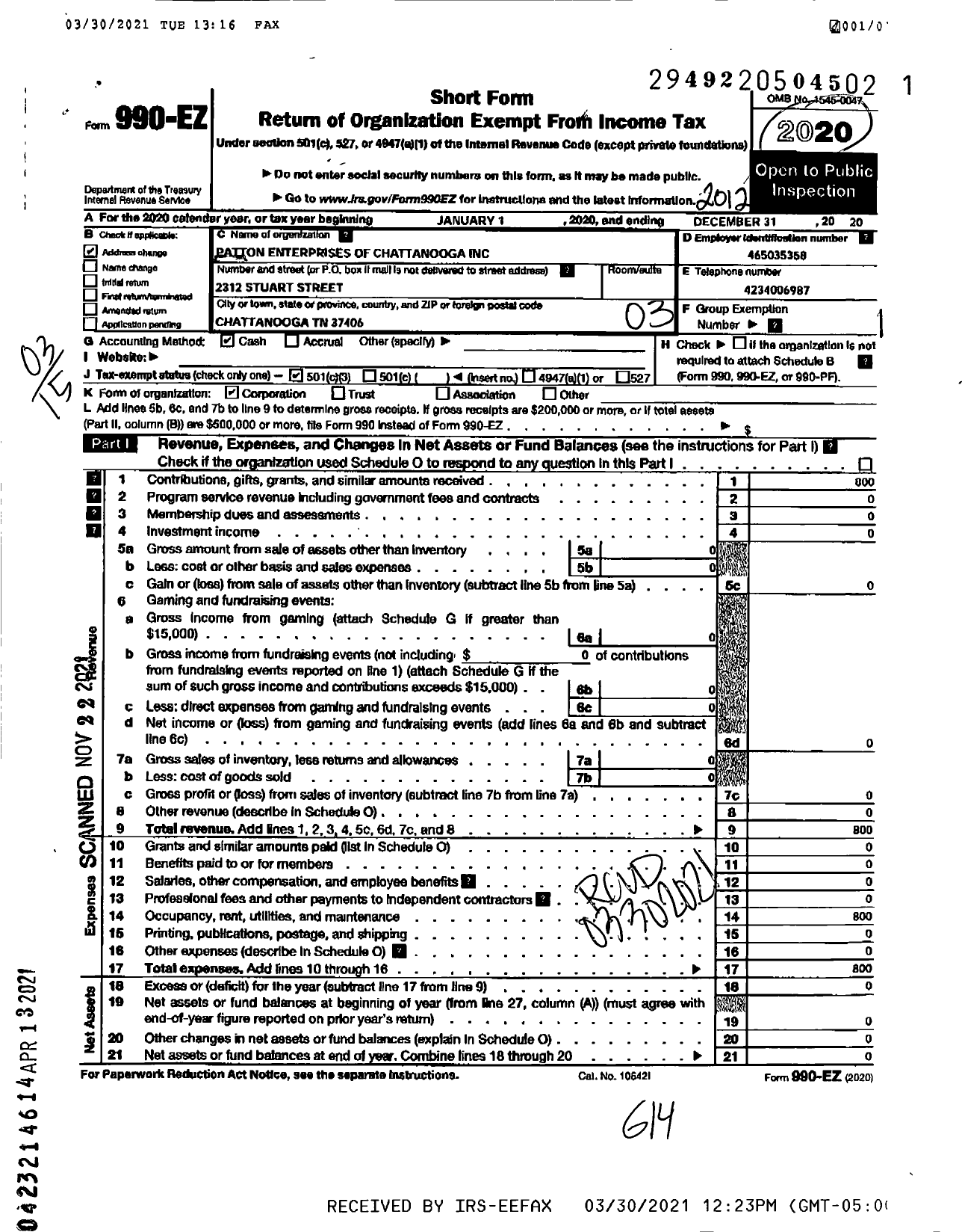 Image of first page of 2020 Form 990EZ for Patton Enterprises of Chattanooga