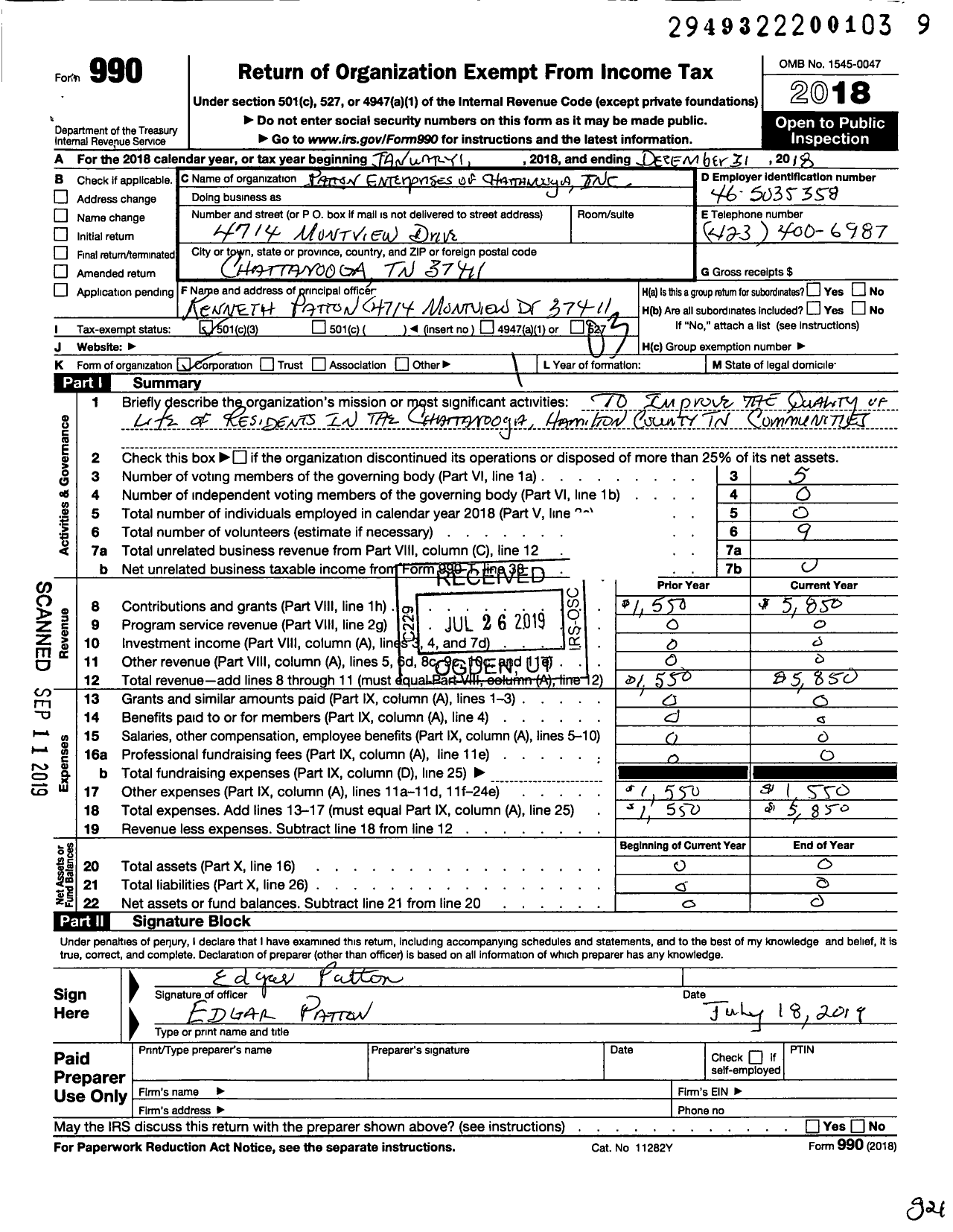 Image of first page of 2018 Form 990 for Patton Enterprises of Chattanooga