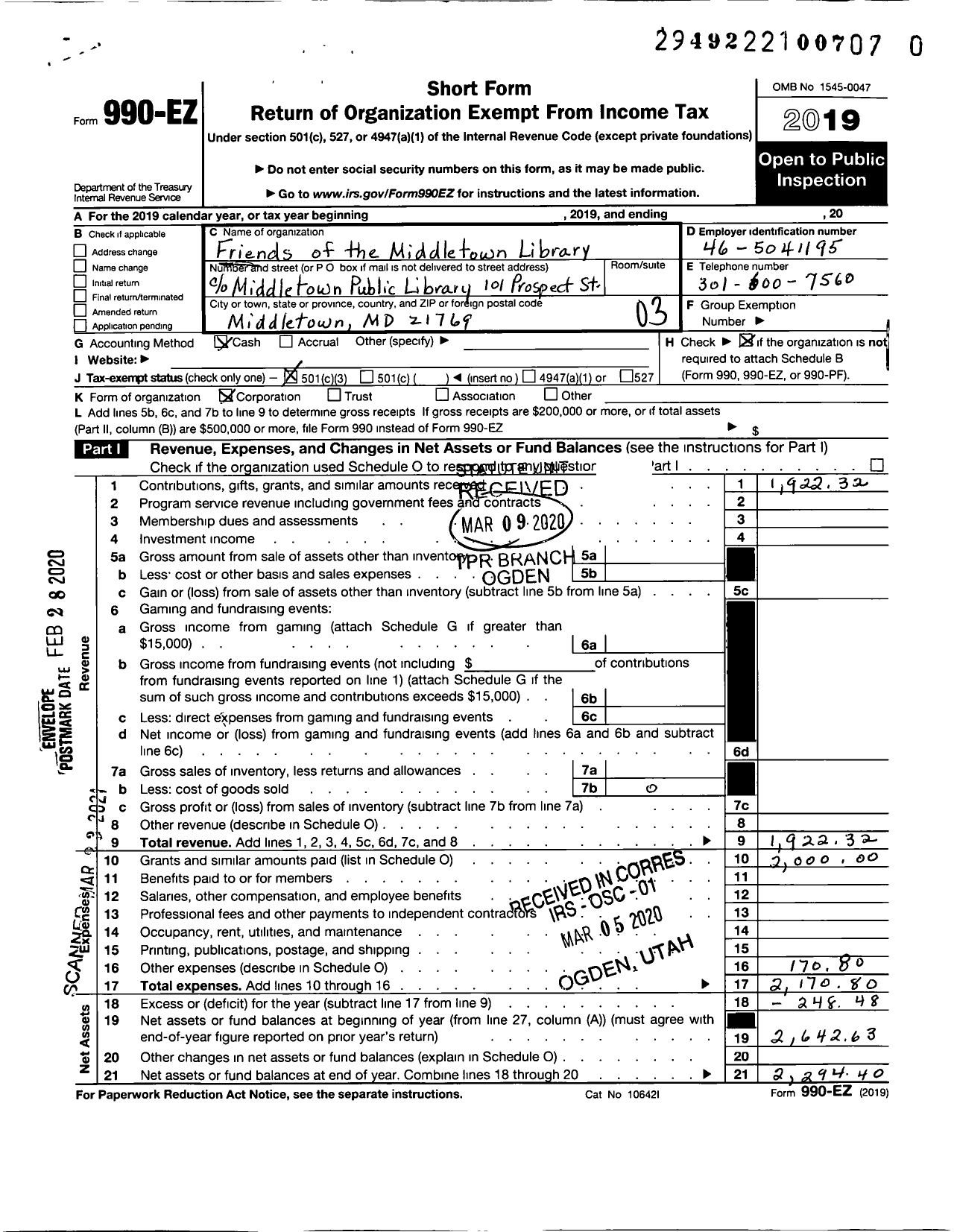 Image of first page of 2019 Form 990EZ for Friends of the Middletown Library