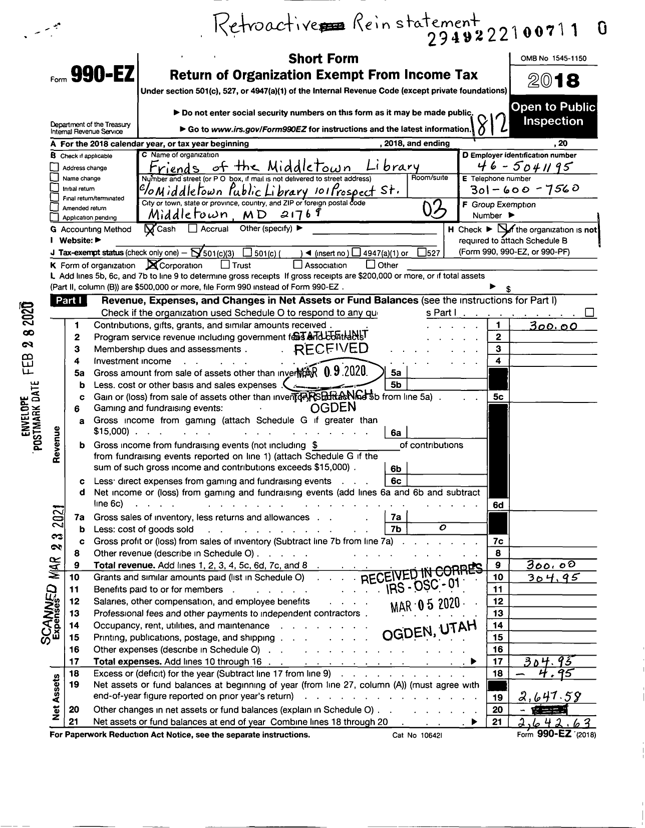 Image of first page of 2018 Form 990EZ for Friends of the Middletown Library