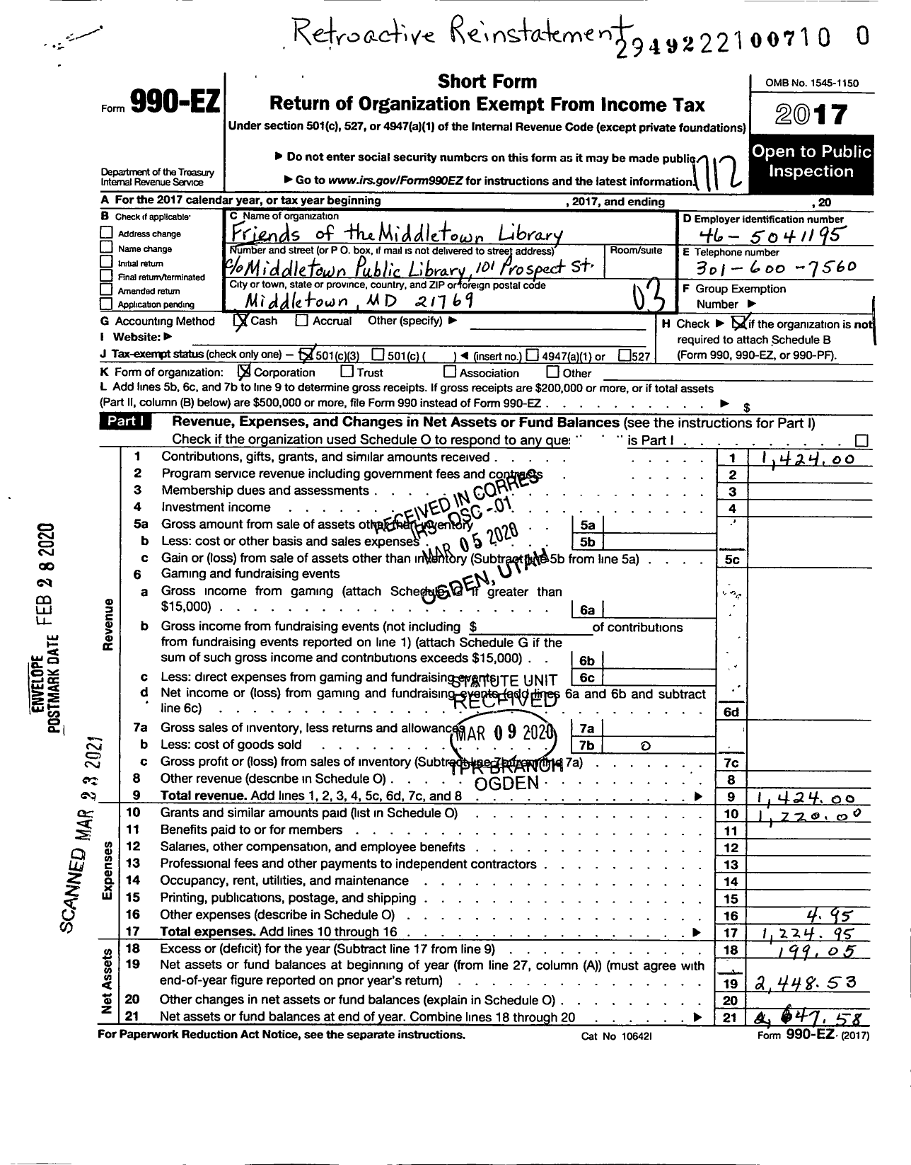 Image of first page of 2017 Form 990EZ for Friends of the Middletown Library