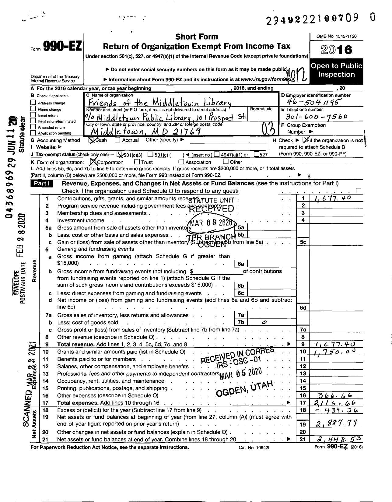 Image of first page of 2016 Form 990EZ for Friends of the Middletown Library