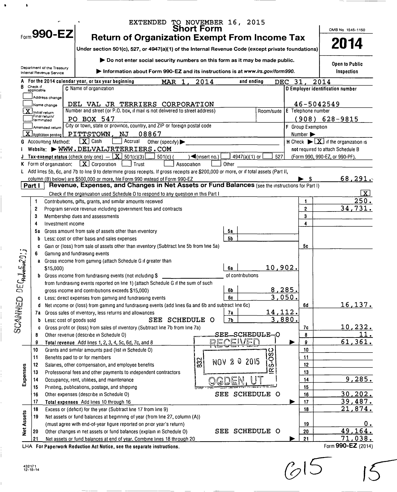 Image of first page of 2014 Form 990EZ for Del Val JR Terriers Corporation