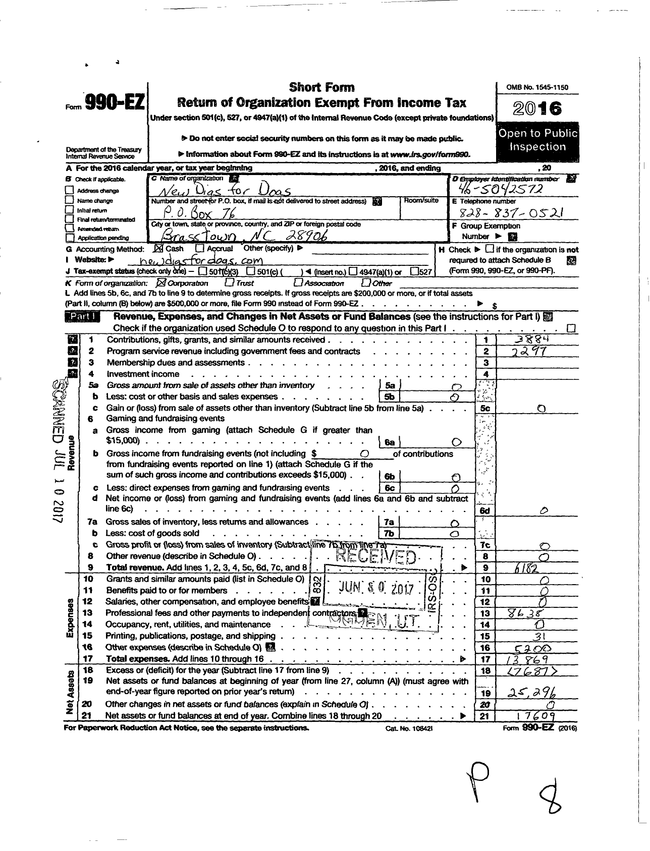 Image of first page of 2016 Form 990EO for New Digs for Dogs