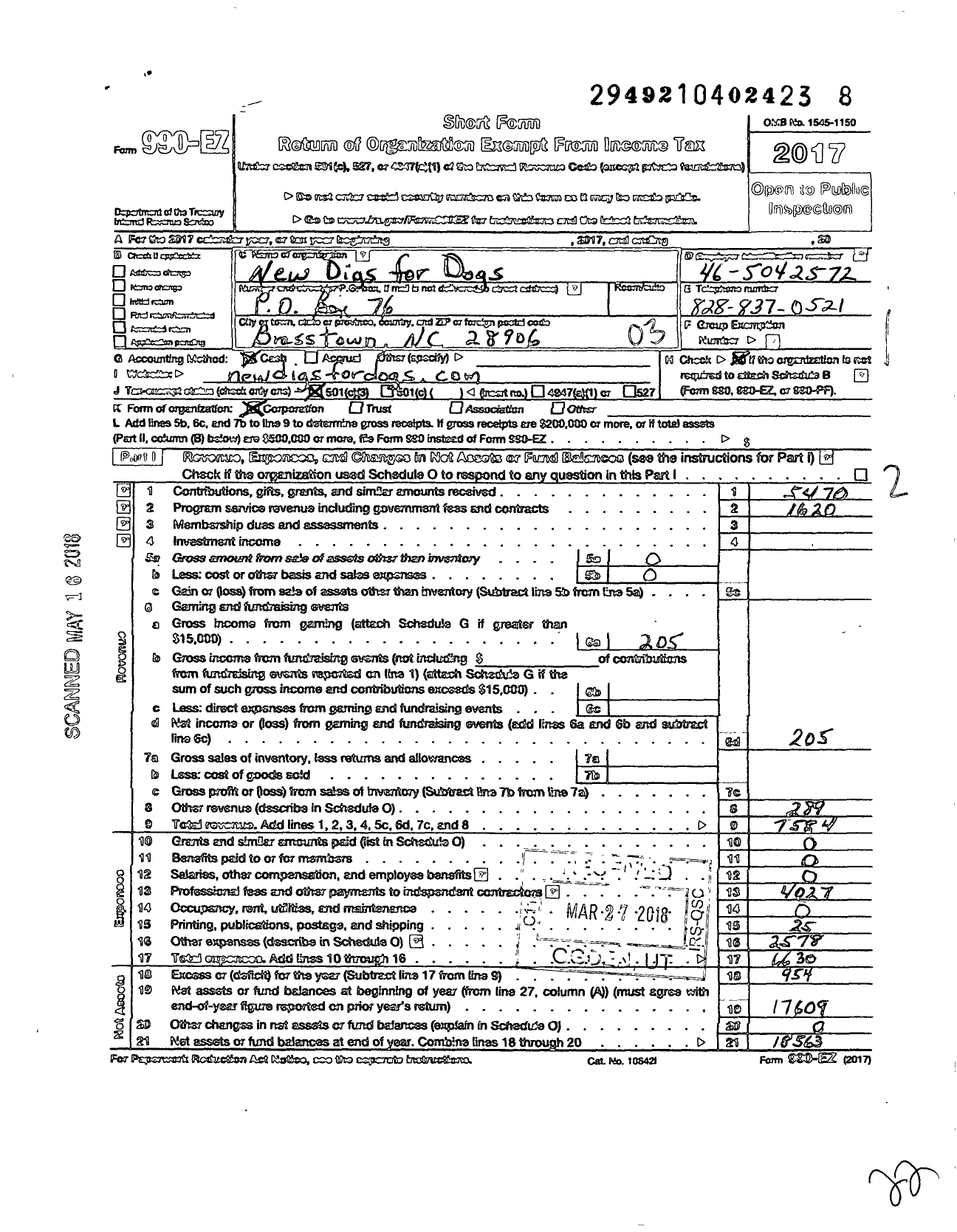 Image of first page of 2017 Form 990EZ for New Digs for Dogs