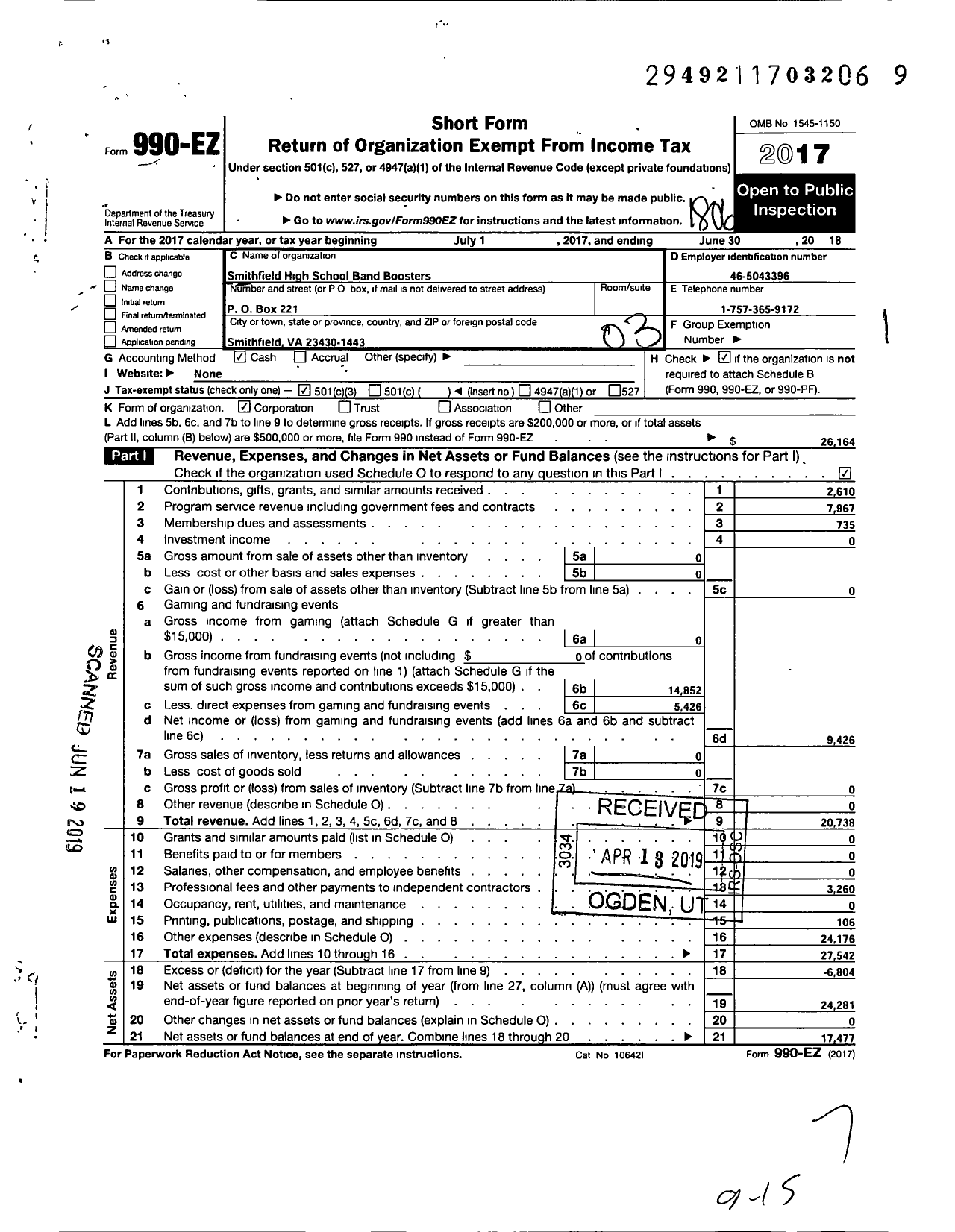 Image of first page of 2017 Form 990EZ for Smithfield High School Band Boosters