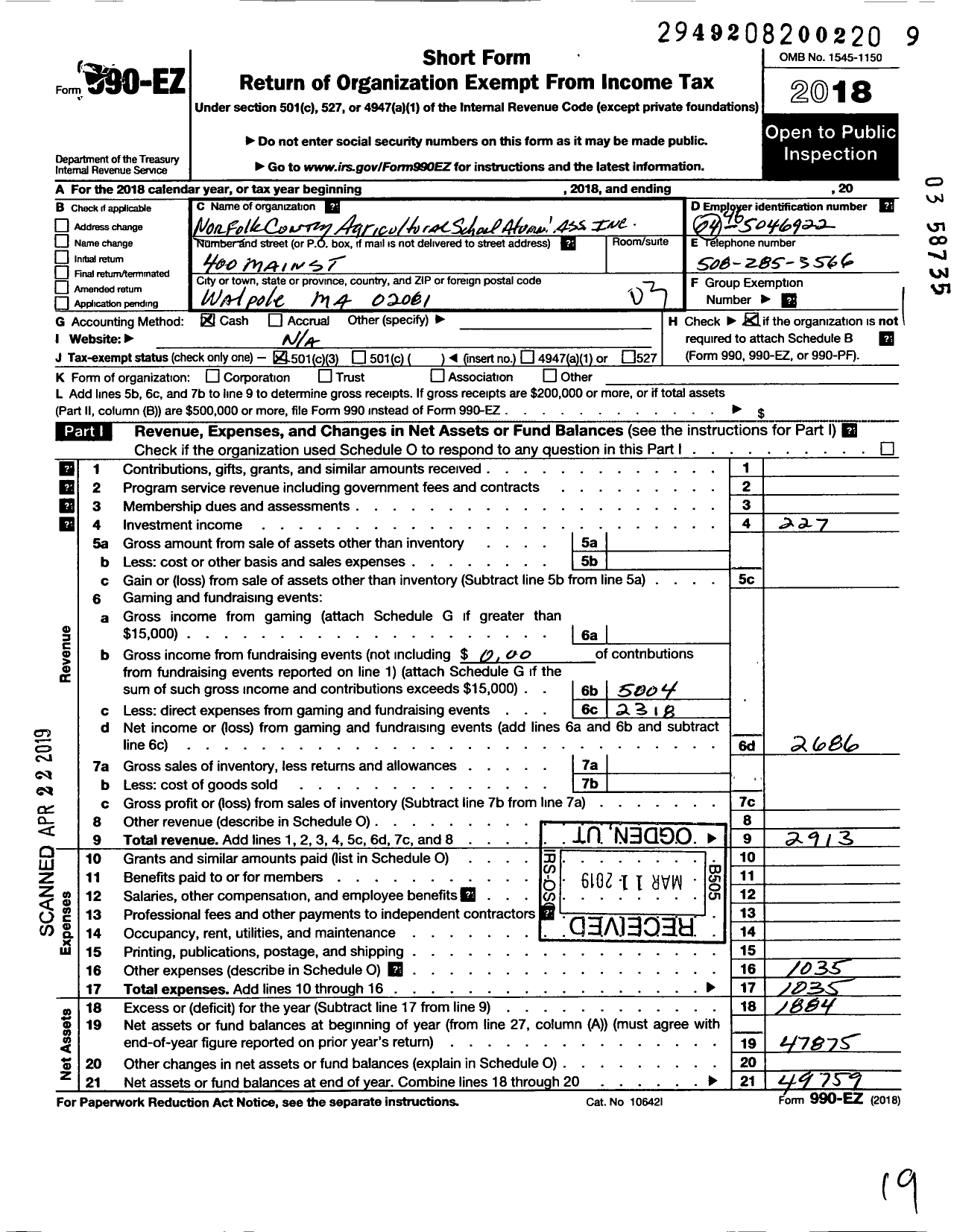 Image of first page of 2018 Form 990EZ for Norfolk County Agricultural School Alumni Association