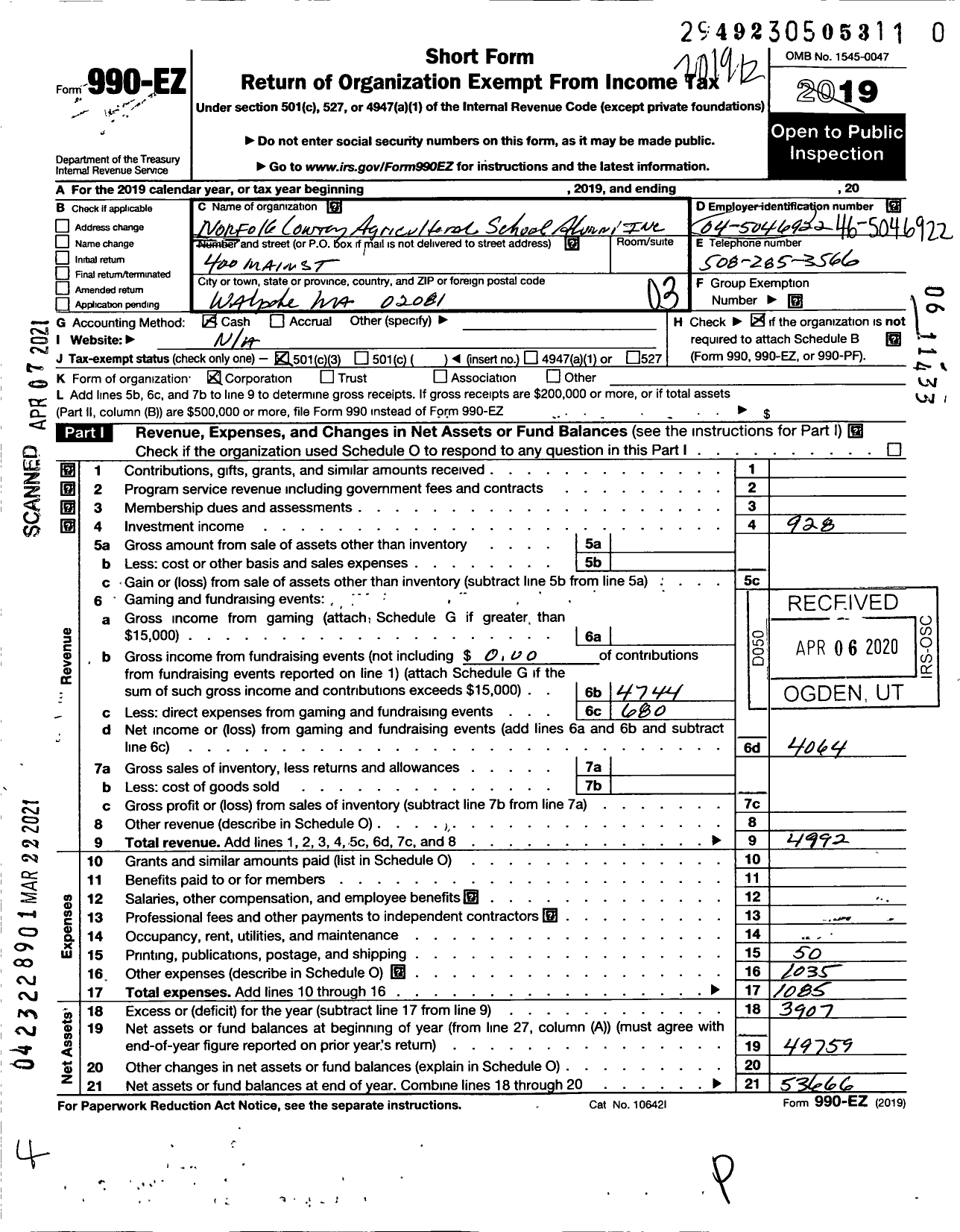 Image of first page of 2019 Form 990EZ for Norfolk County Agricultural School Alumni Association