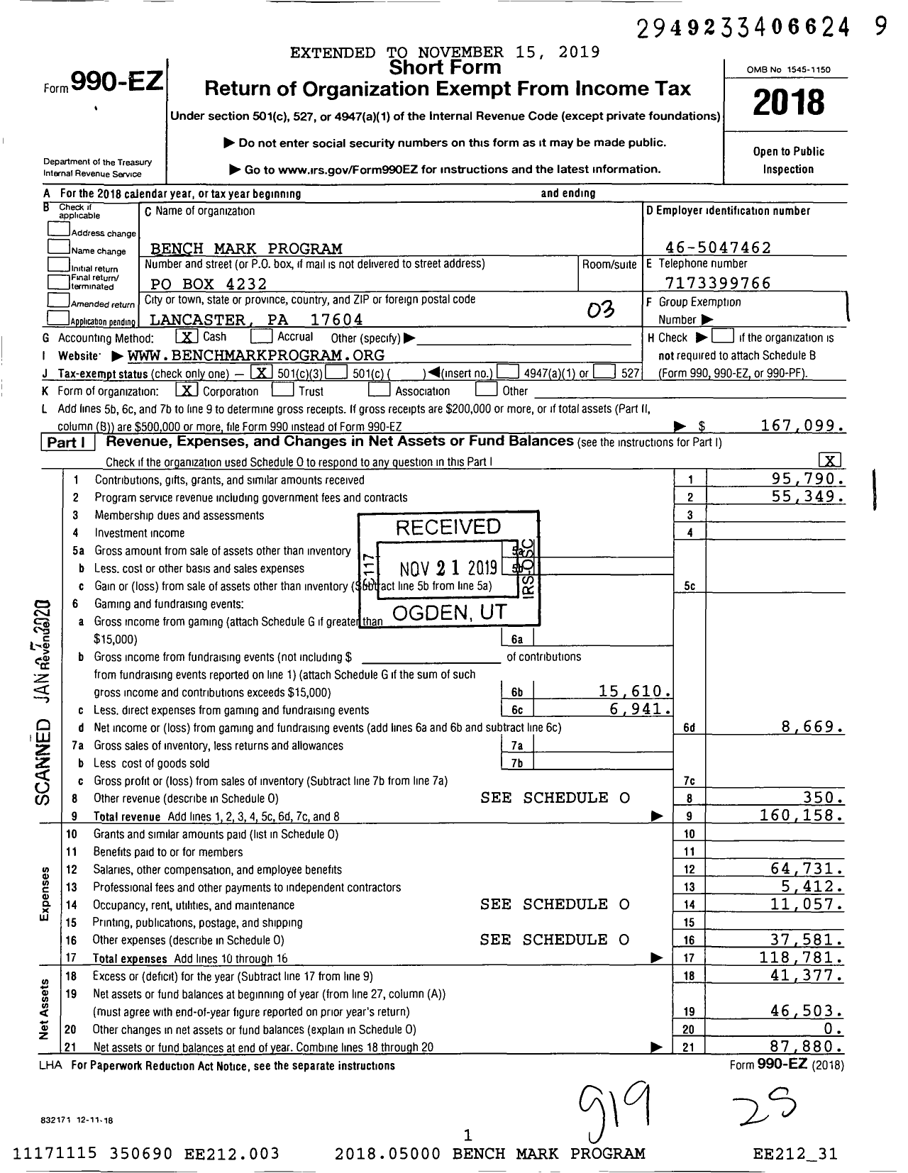 Image of first page of 2018 Form 990EZ for Bench Mark Program