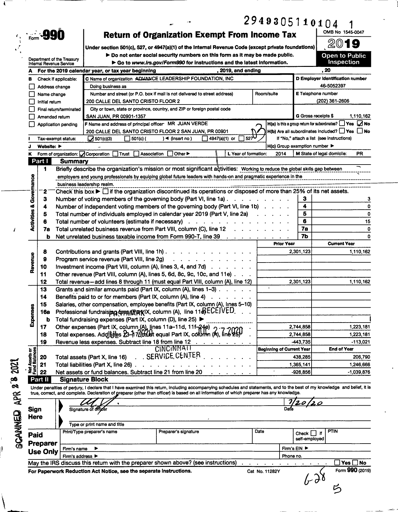 Image of first page of 2019 Form 990 for Advance Leadership Foundation
