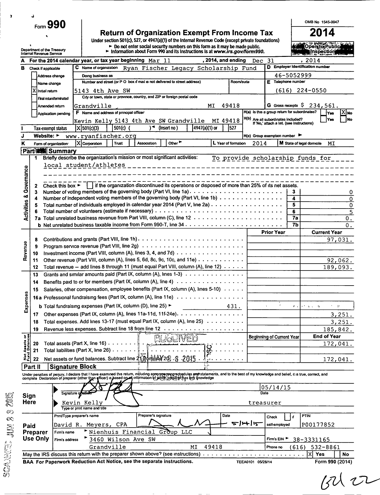 Image of first page of 2014 Form 990 for Ryan Fischer Memorial Scholarship Fund