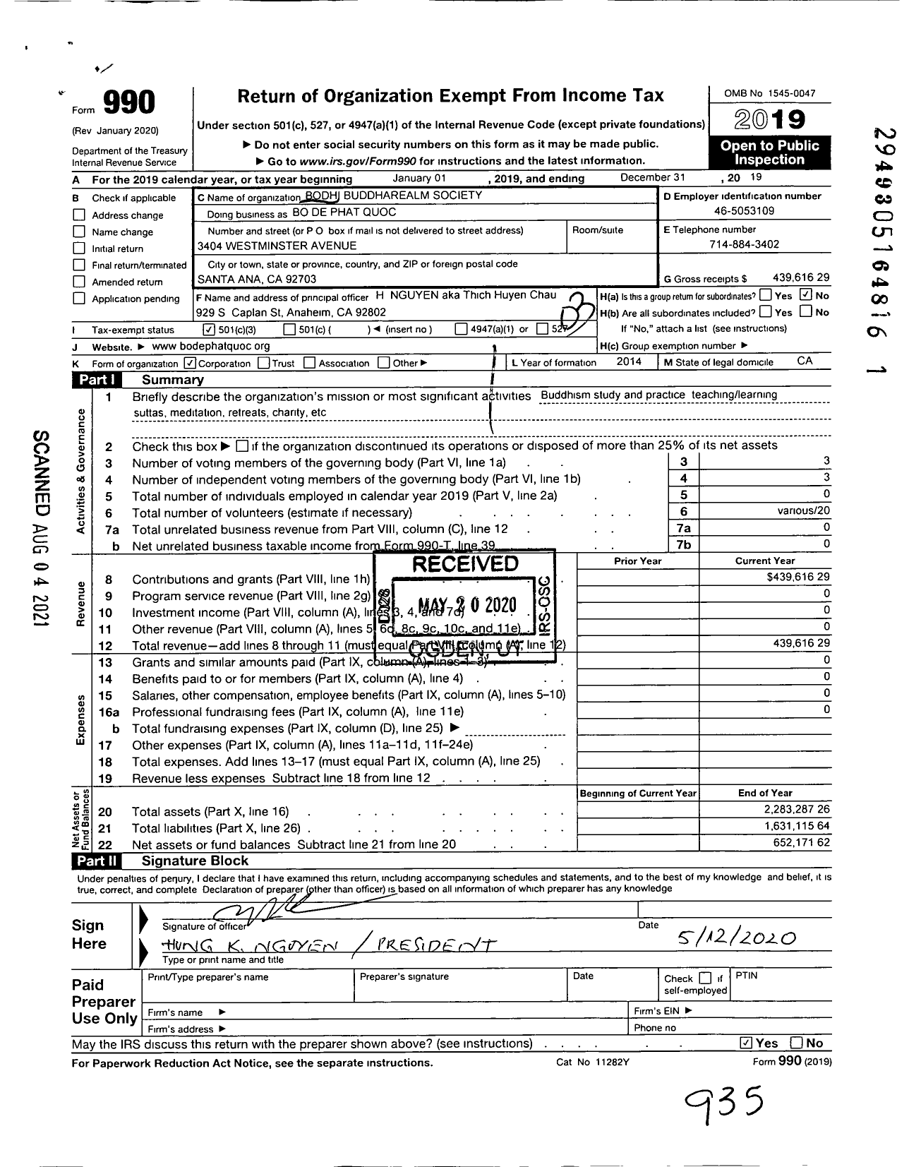 Image of first page of 2019 Form 990 for Bodhi de Phat Quoc