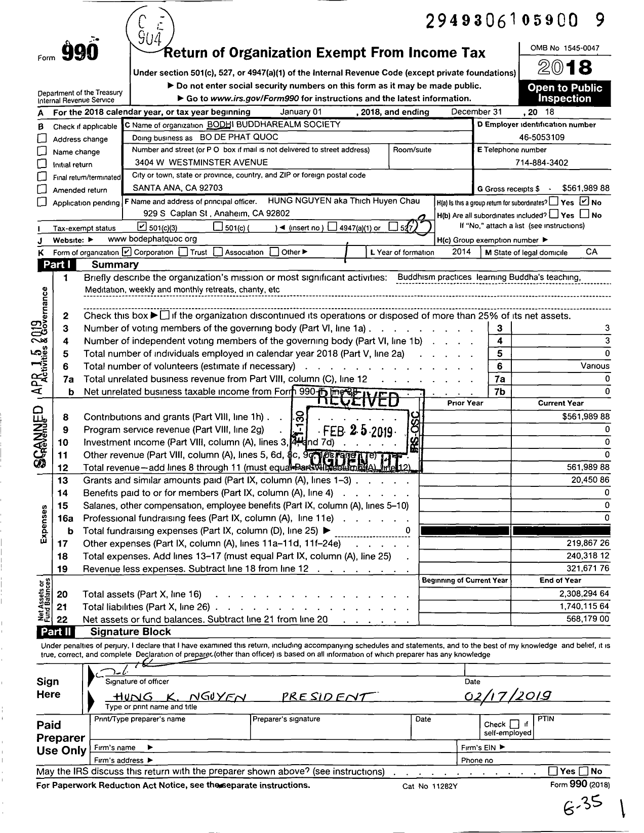 Image of first page of 2018 Form 990 for Bodhi de Phat Quoc