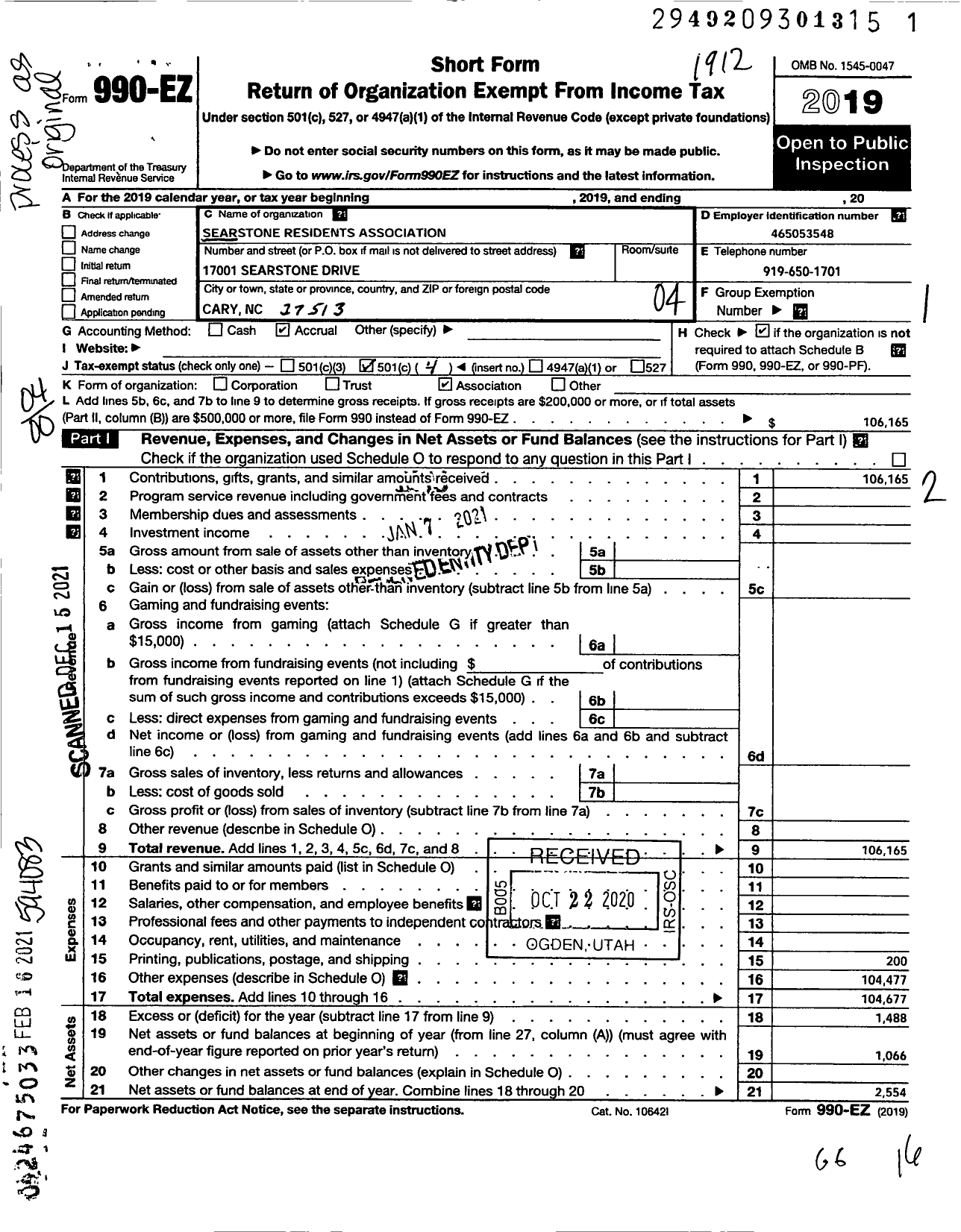 Image of first page of 2019 Form 990EO for Searstone Residents Association