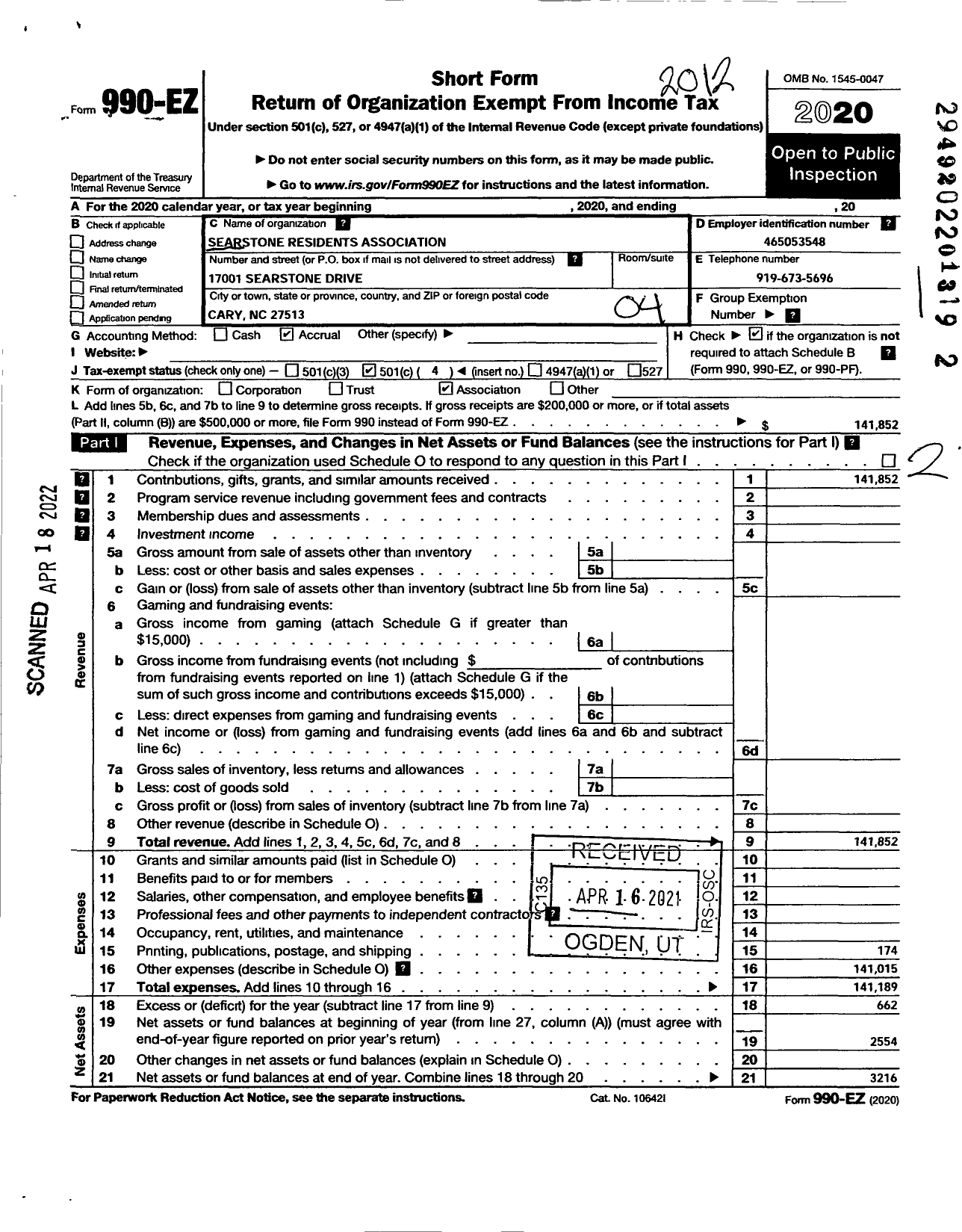 Image of first page of 2020 Form 990EO for Searstone Residents Association