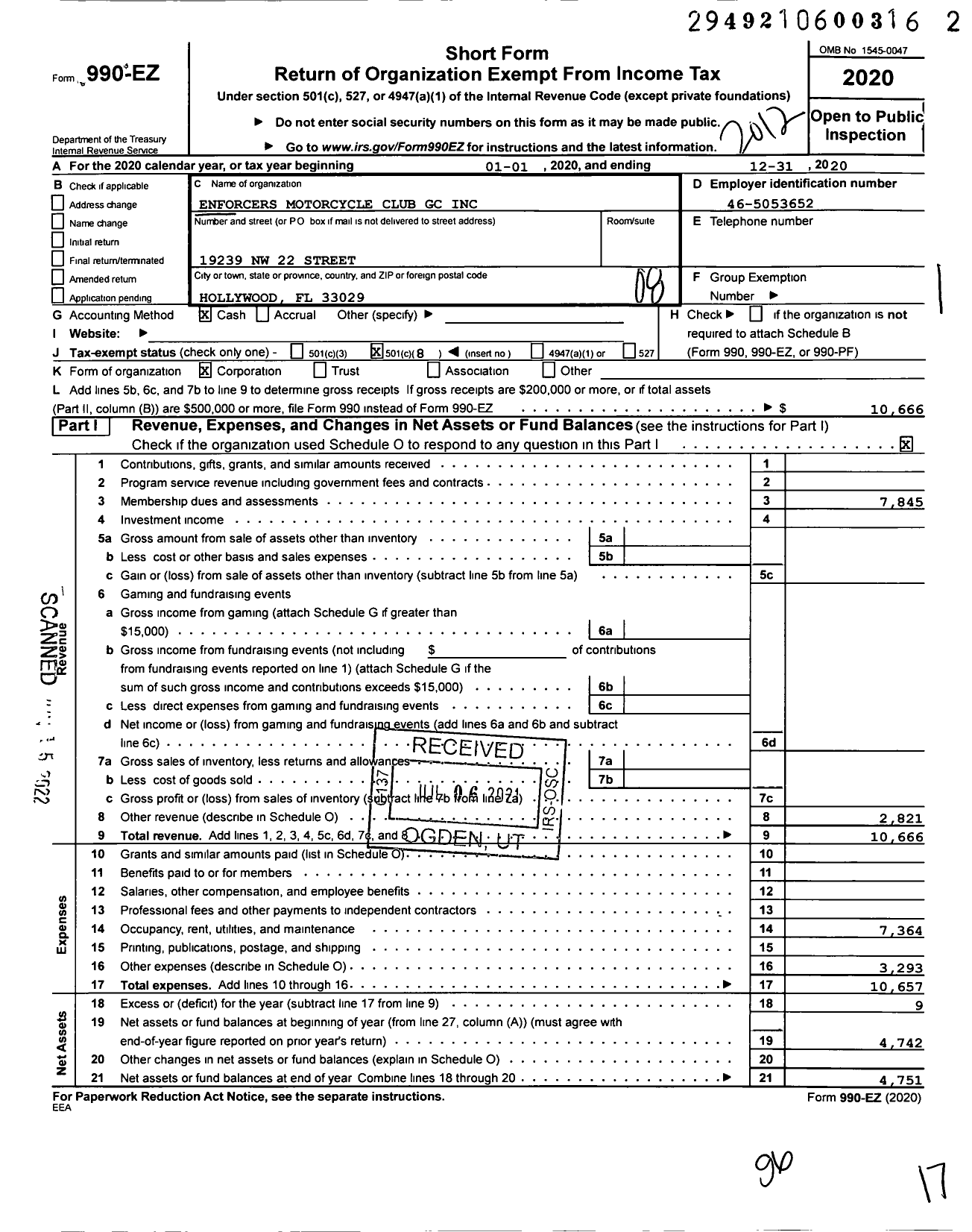 Image of first page of 2020 Form 990EO for Enforcers Motorcycle Club GC