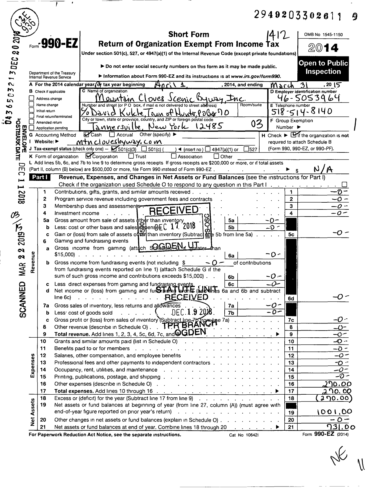 Image of first page of 2014 Form 990EZ for Mountain Cloves Scenic Byway